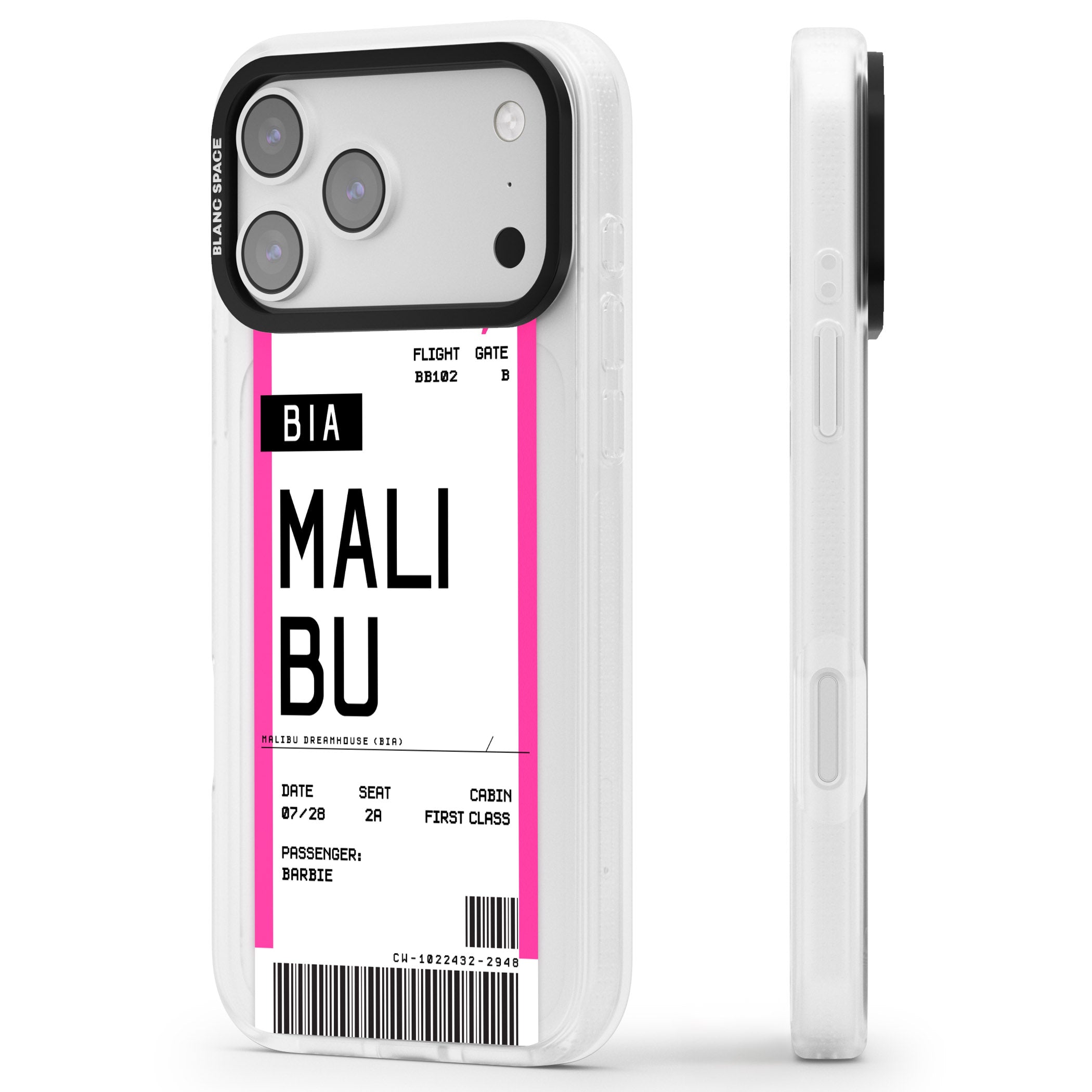 Personalised Pink Malibu Boarding Pass iPhone 17 Pro Max Impact Air Clear Phone Case Side Profile