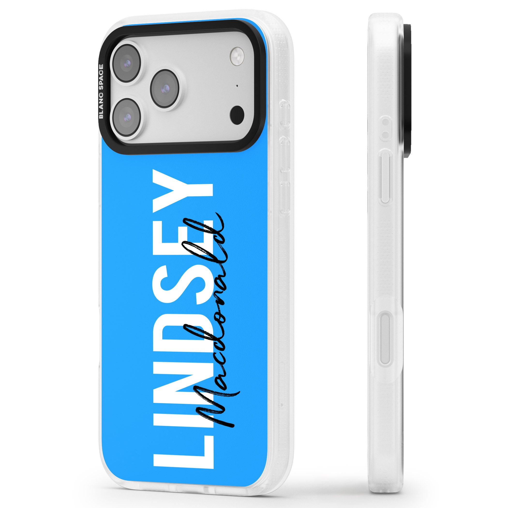 Personalised Bold Name: Blue iPhone 17 Pro Max Impact Air Clear Phone Case Side Profile