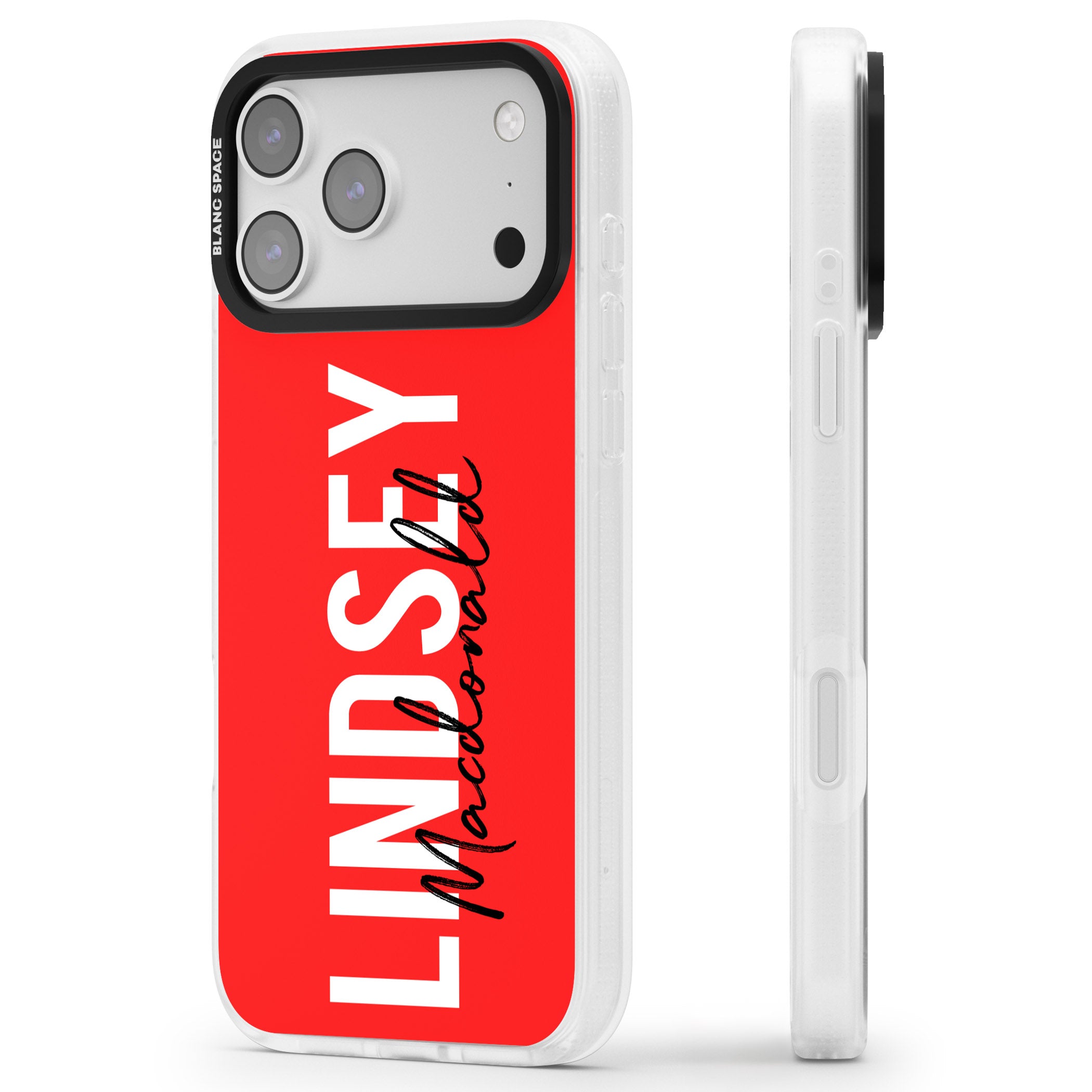 Personalised Bold Name: Red iPhone 17 Pro Max Impact Air Clear Phone Case Side Profile