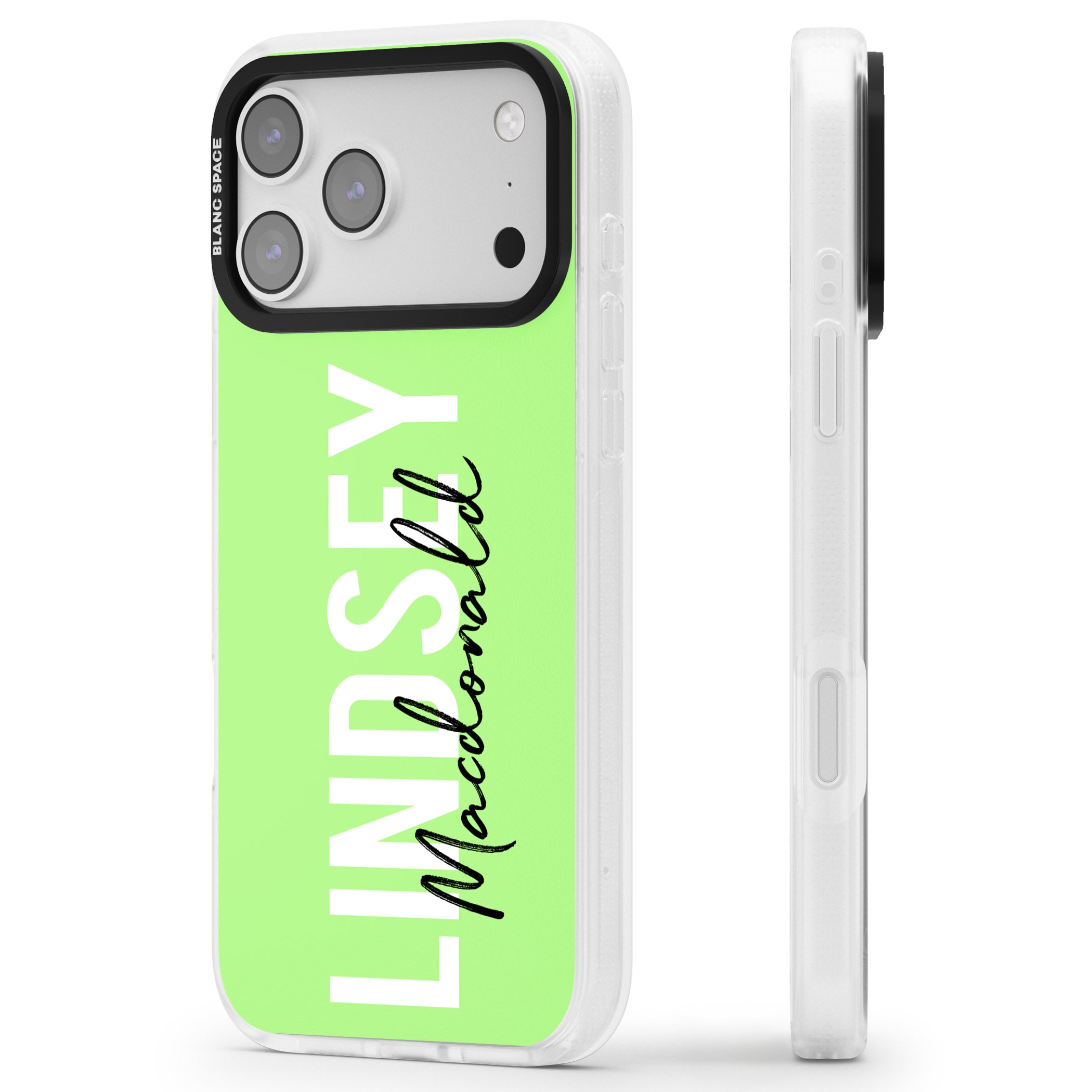 Personalised Bold Name: Lime iPhone 17 Pro Max Impact Air Clear Phone Case Side Profile