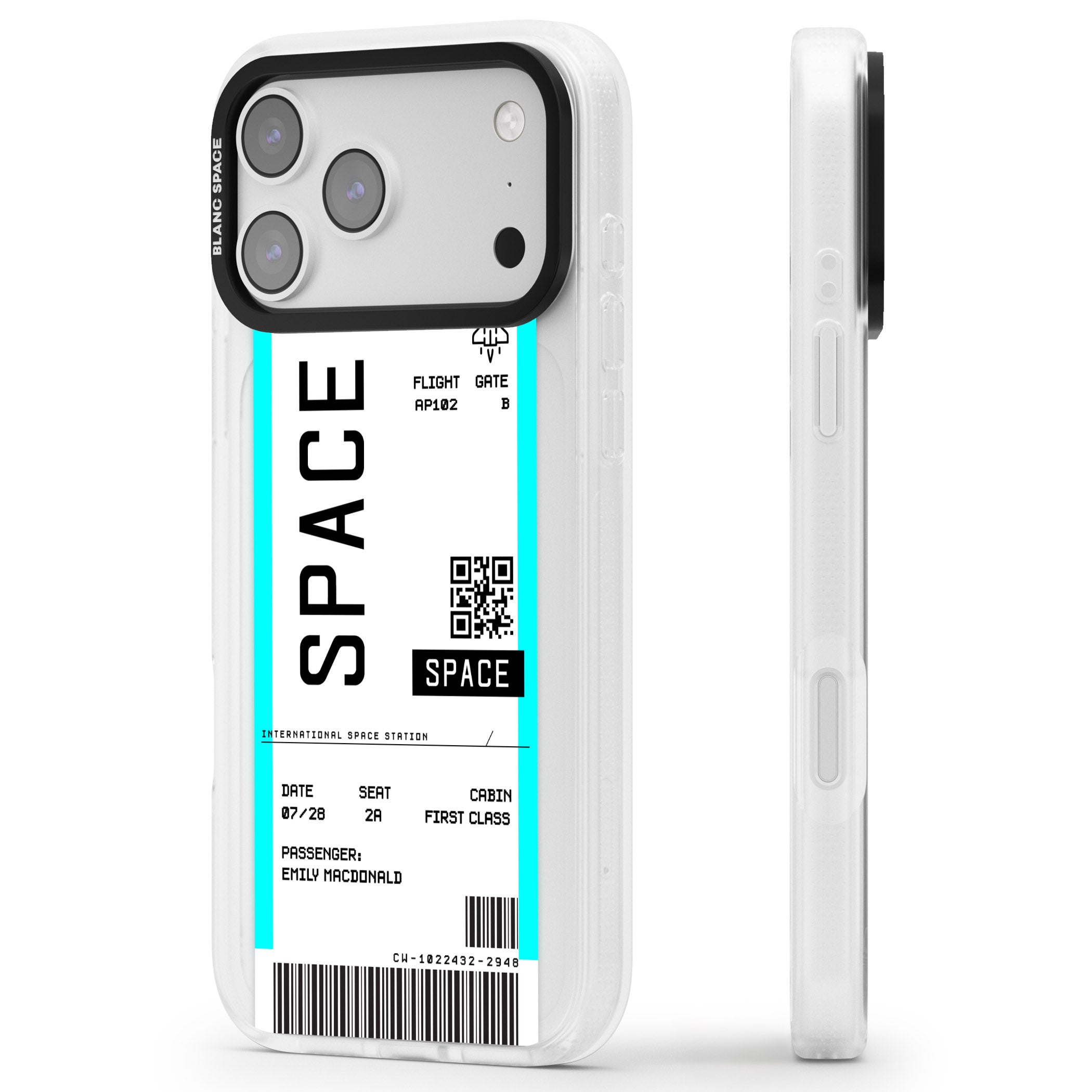 Personalised Space Travel Ticket iPhone 17 Pro Max Impact Air Clear Phone Case Side Profile