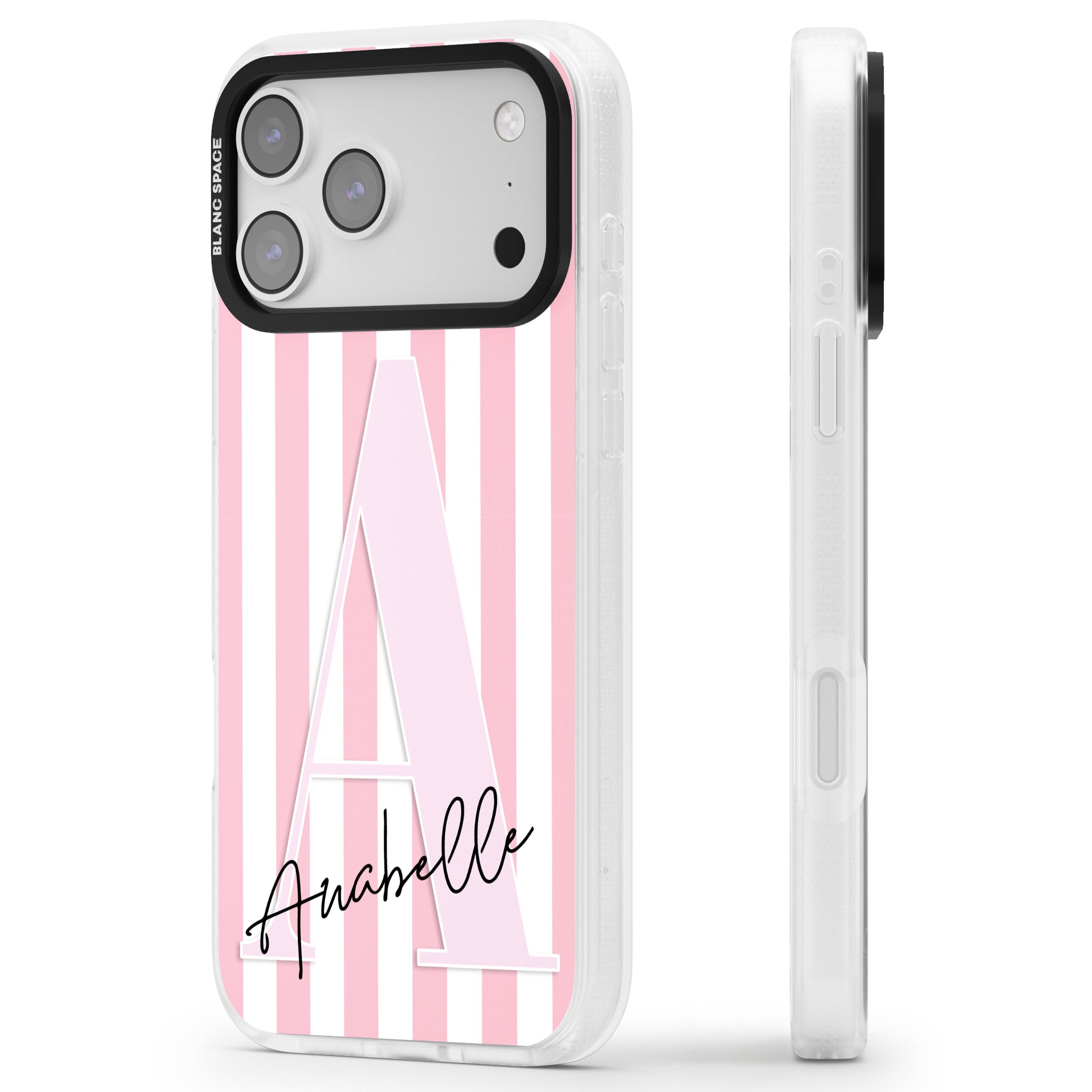 Personalised Pink Stripes & Monogram iPhone 17 Pro Max Impact Air Clear Phone Case Side Profile