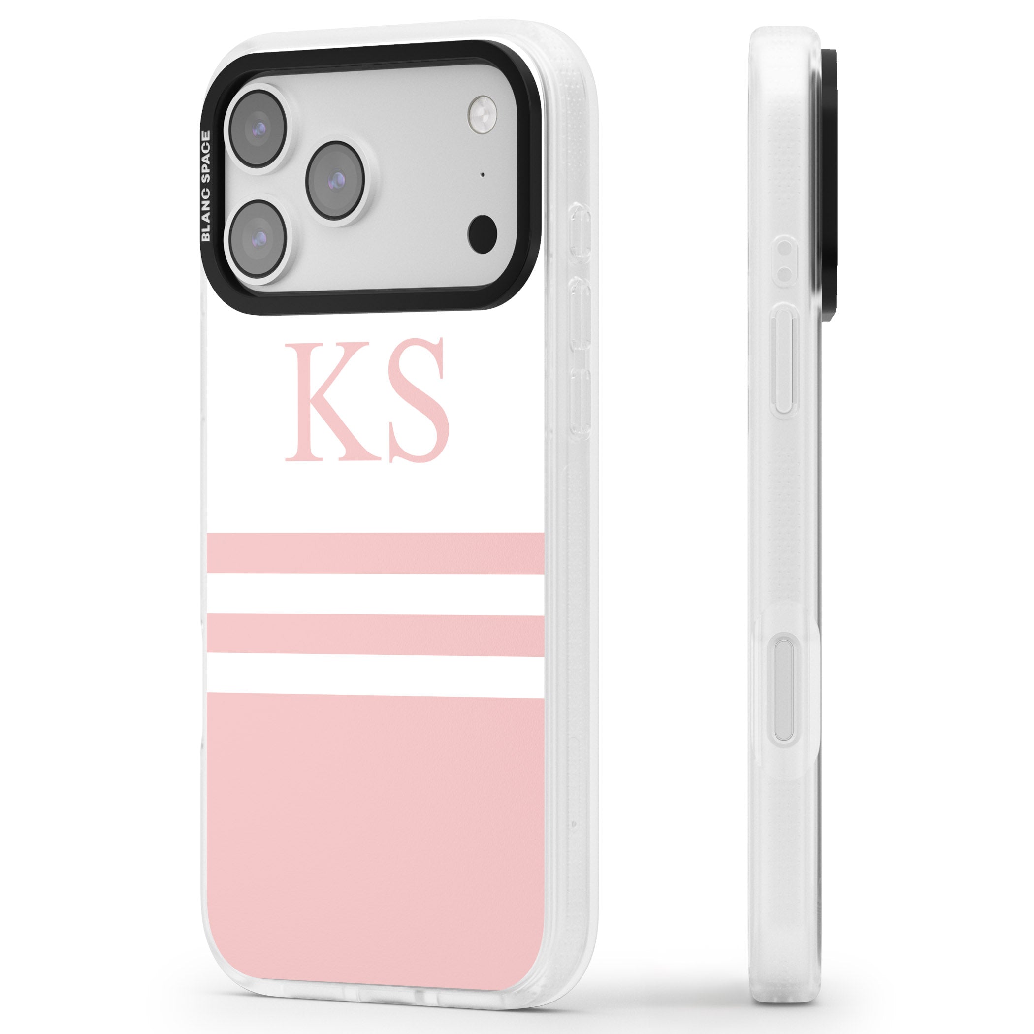 Personalised Pink Stripes & Initials iPhone 17 Pro Max Impact Air Clear Phone Case Side Profile