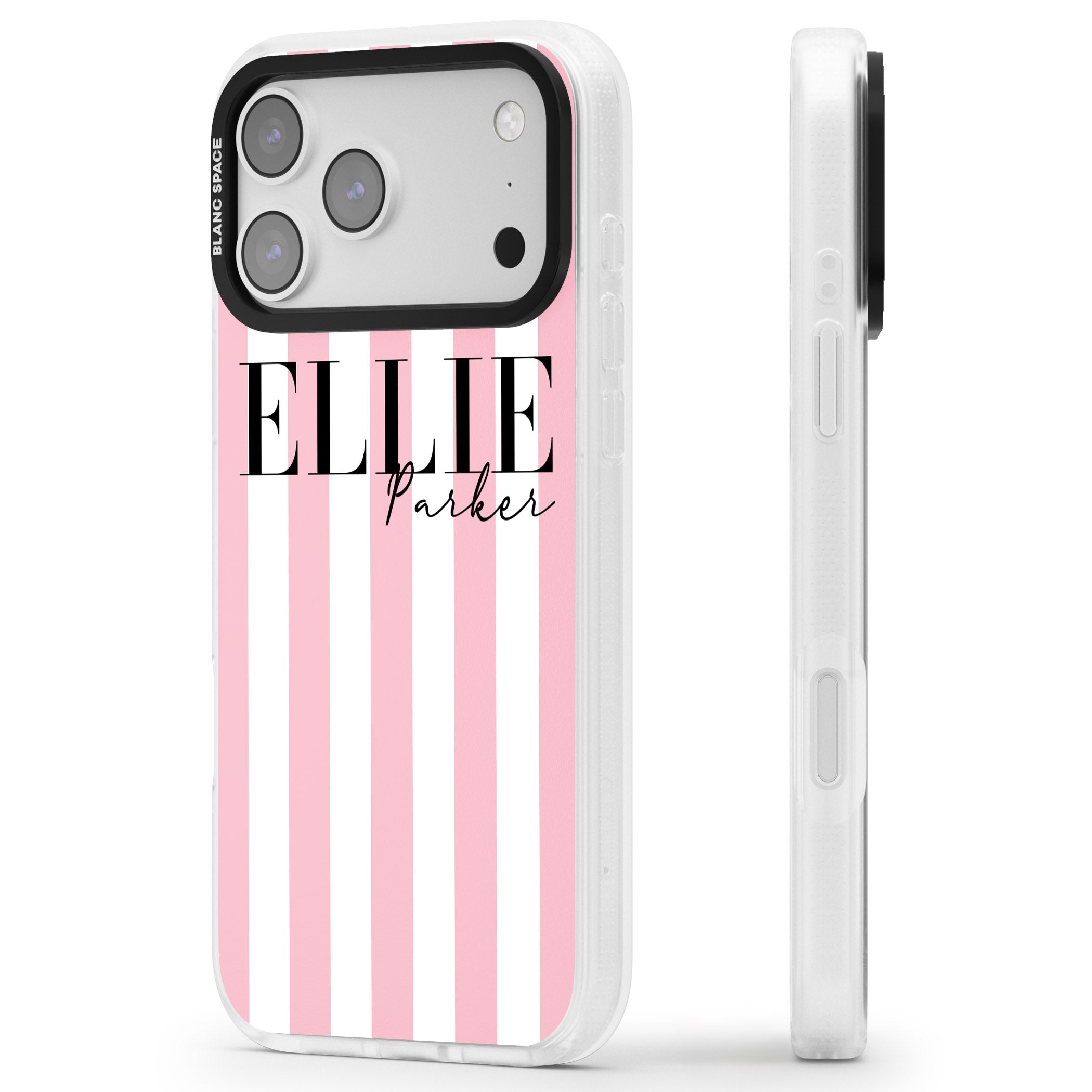 Personalised Pink Stripes iPhone 17 Pro Max Impact Air Clear Phone Case Side Profile