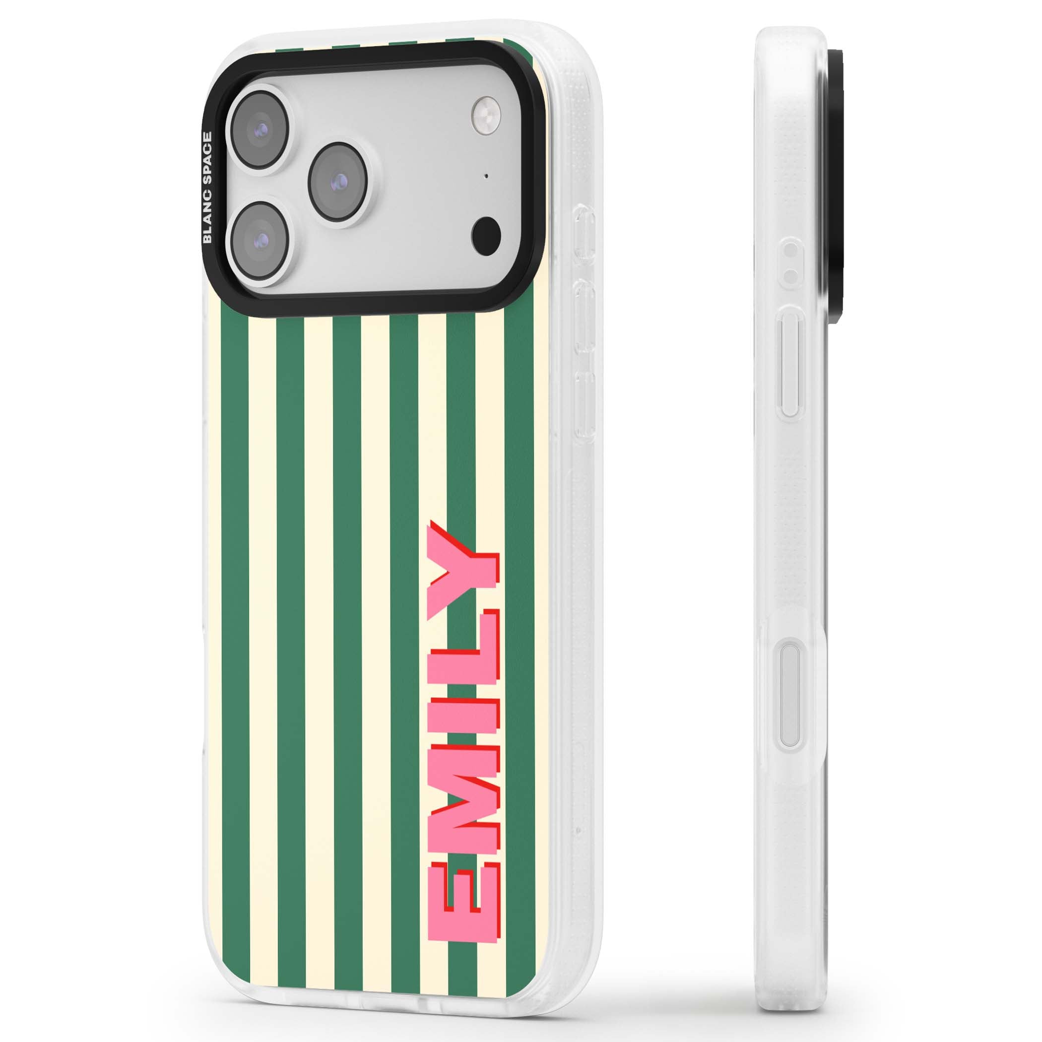Wimbledon Stripe preppy iPhone case featuring green and cream vertical stripes with a personalised pink name | Clear Case Impact Air case for iPhone 17 Pro, iPhone 17 Pro Max