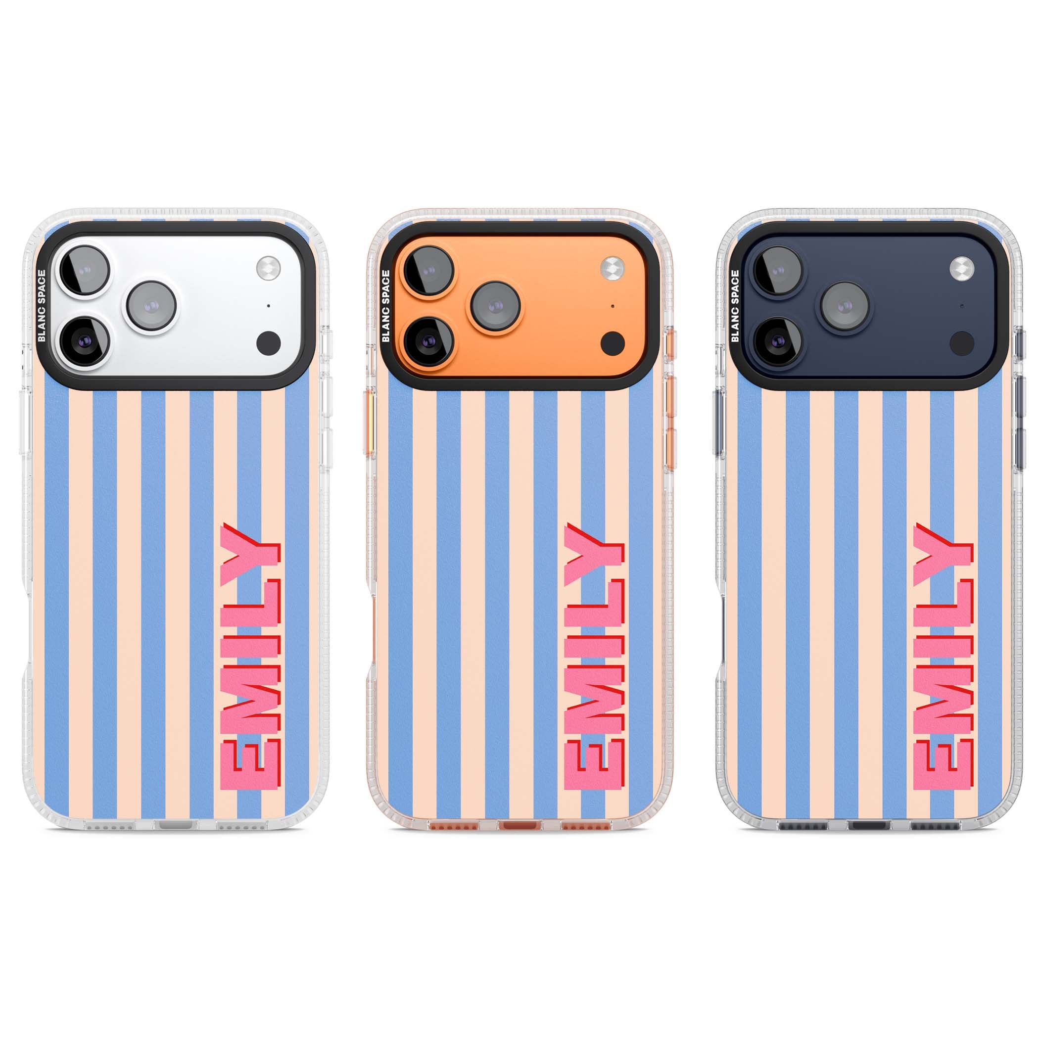 Coastal Stripe personalised coastal iPhone case with blue and peach vertical stripes and custom pink name | Clear Case Impact Air case for iPhone 17 Pro, iPhone 17 Pro Max