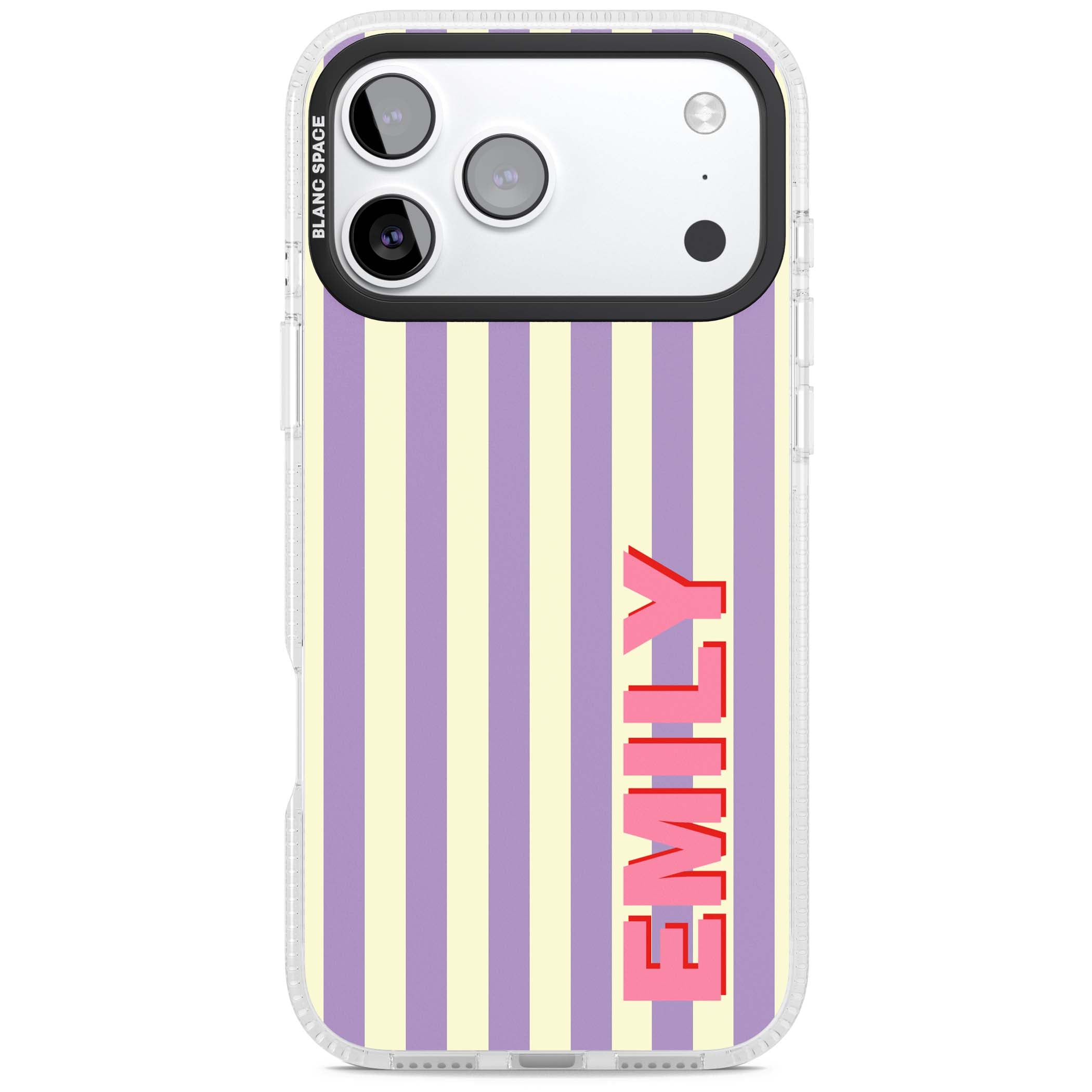 Valensole Stripe personalised iPhone case with purple and cream vertical stripes and pink custom name | Clear Case Impact Air case for iPhone 17 Pro, iPhone 17 Pro Max