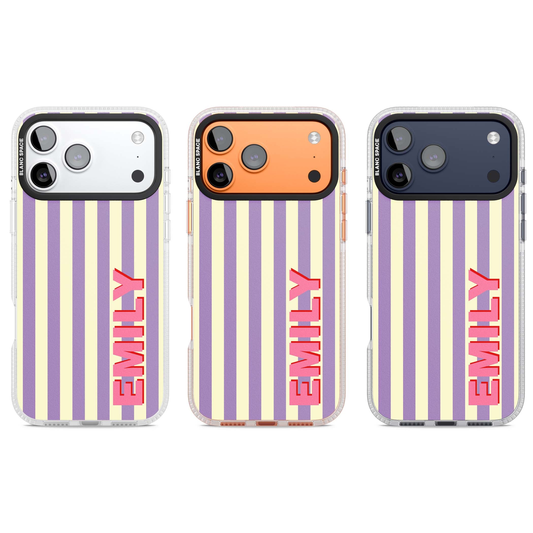 Valensole Stripe personalised iPhone case with purple and cream vertical stripes and pink custom name | Clear Case Impact Air case for iPhone 17 Pro, iPhone 17 Pro Max