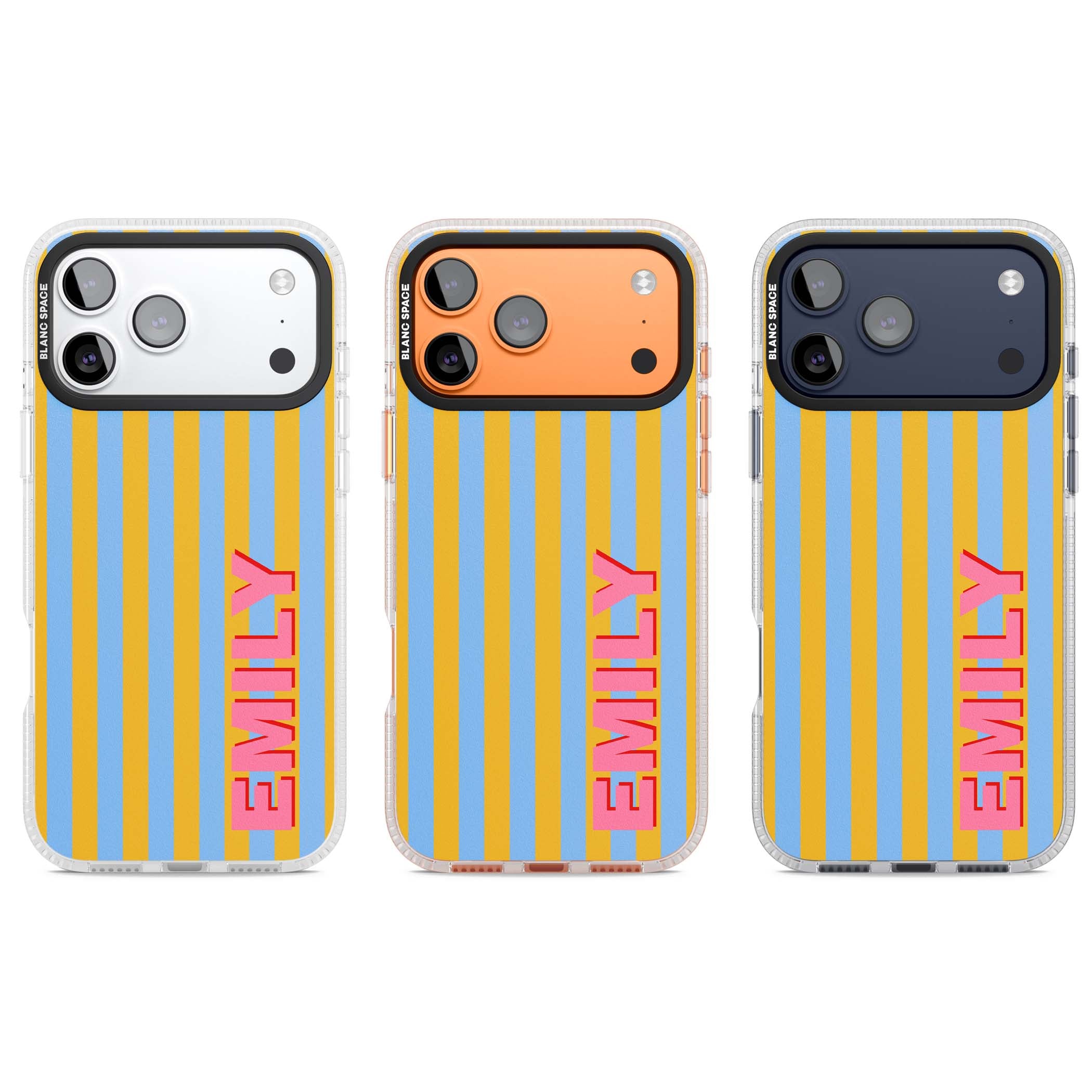 Carribean Stripe personalised coastal iPhone case with yellow and blue vertical stripes and a custom pink name | Clear Case Impact Air case for iPhone 17 Pro, iPhone 17 Pro Max