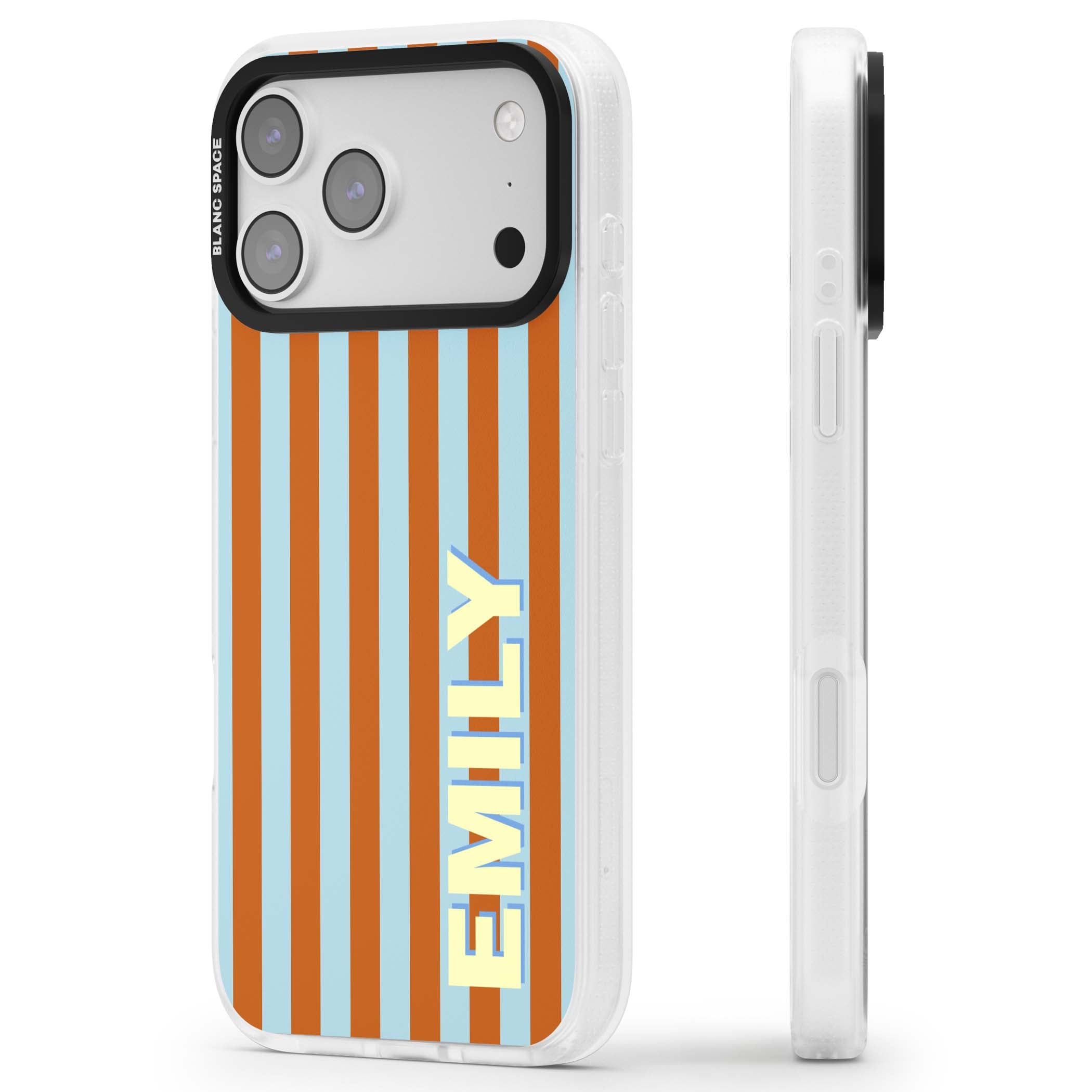 Cappadocia Stripe personalised coastal iPhone case featuring blue and orange vertical stripes with custom cream name | Clear Case Impact Air case for iPhone 17 Pro, iPhone 17 Pro Max