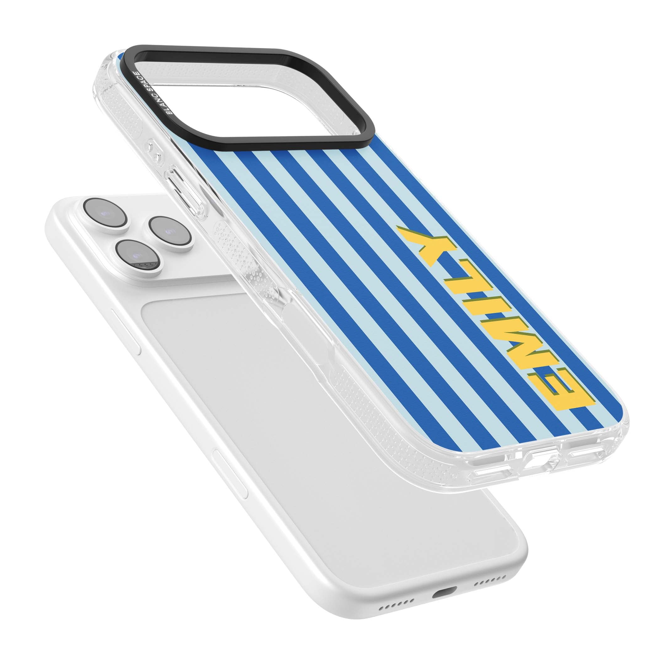 Athenian Stripe personalised preppy iPhone case featuring blue vertical stripes and a custom yellow name | Clear Case Impact Air case for iPhone 17 Pro, iPhone 17 Pro Max