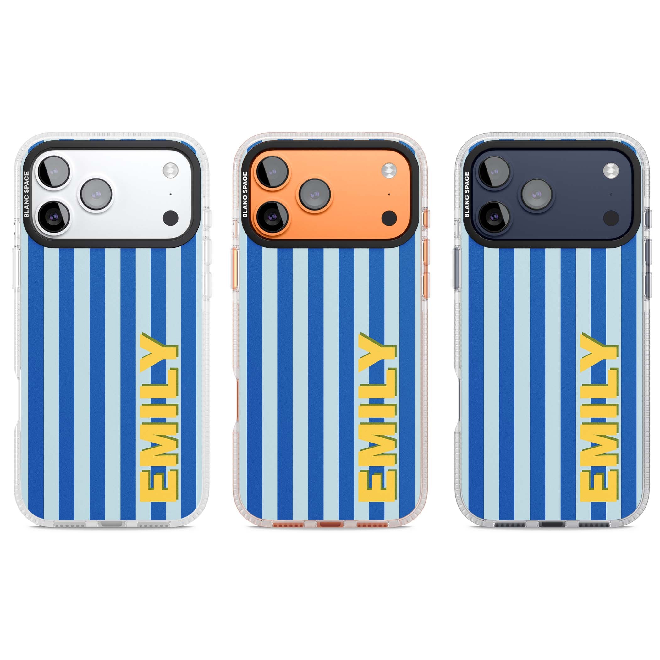 Athenian Stripe personalised preppy iPhone case featuring blue vertical stripes and a custom yellow name | Clear Case Impact Air case for iPhone 17 Pro, iPhone 17 Pro Max