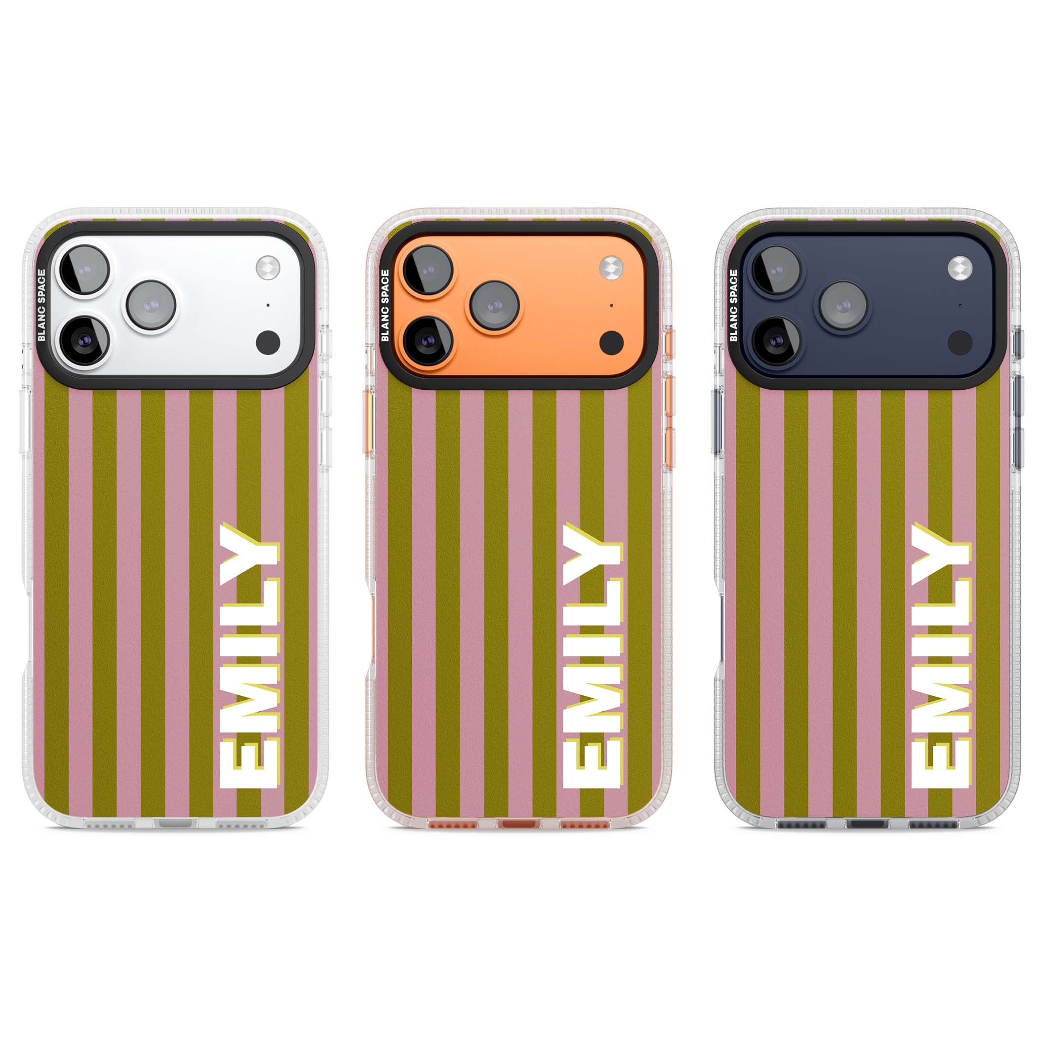 Istanbul Stripe personalised iPhone case featuring pink and olive green vertical stripes with a custom vertical name | Clear Case Impact Air case for iPhone 17 Pro, iPhone 17 Pro Max