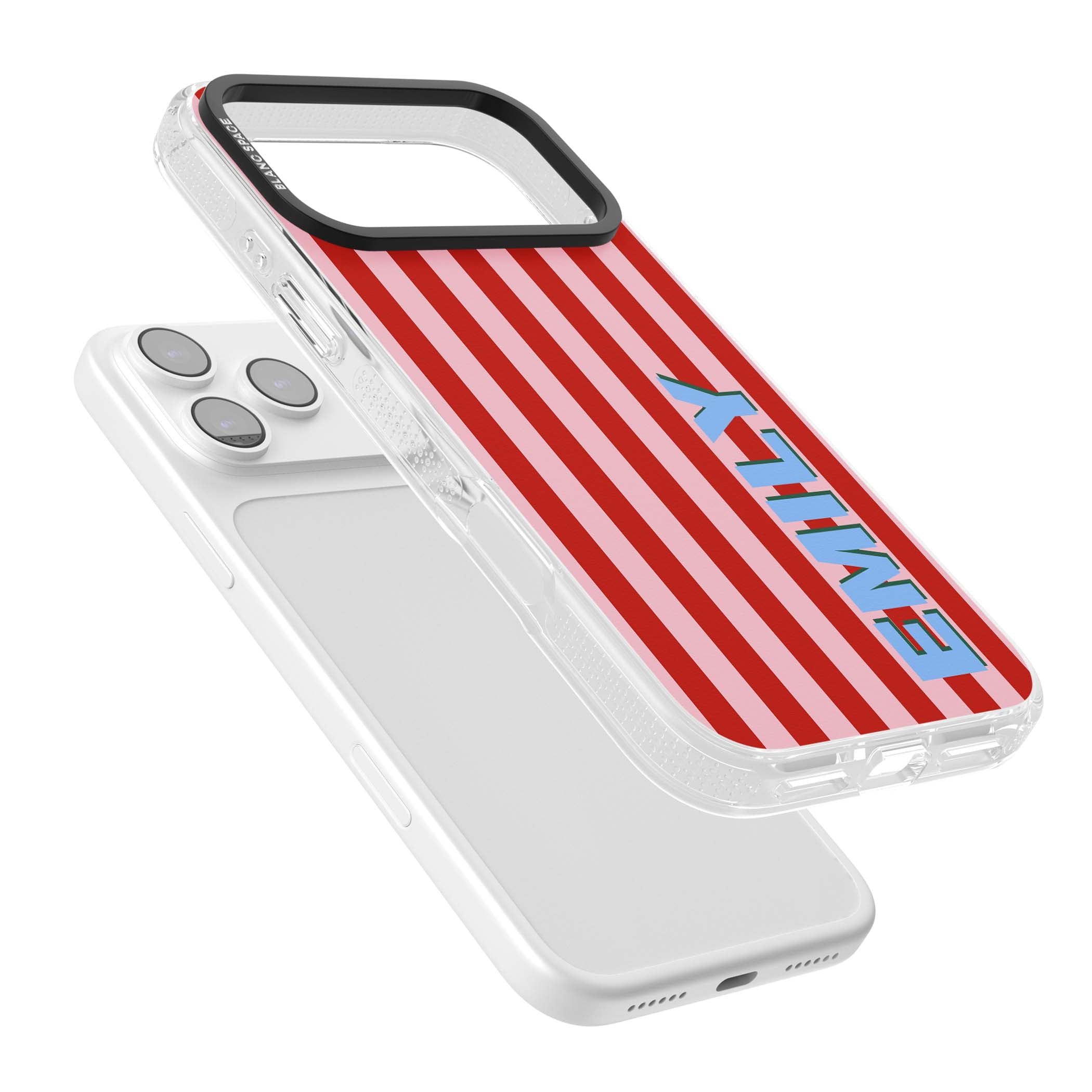 Market Stripe personalised iPhone case with red and pink vertical stripes and custom blue name | Clear Case Impact Air case for iPhone 17 Pro, iPhone 17 Pro Max