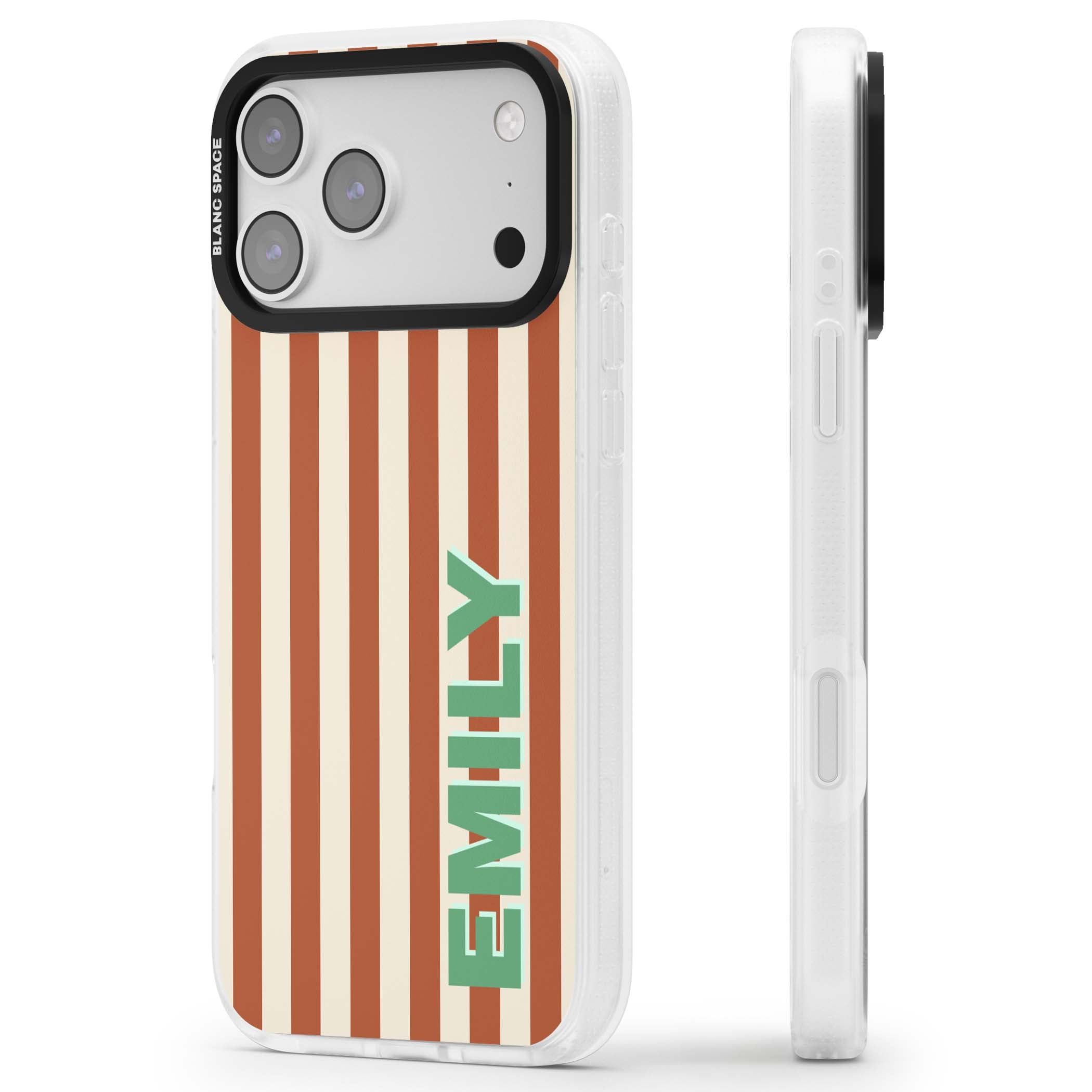 Dune Stripe personalised iPhone case with rust and cream vertical stripes and custom name in mint green | Clear Case Impact Air case for iPhone 17 Pro, iPhone 17 Pro Max