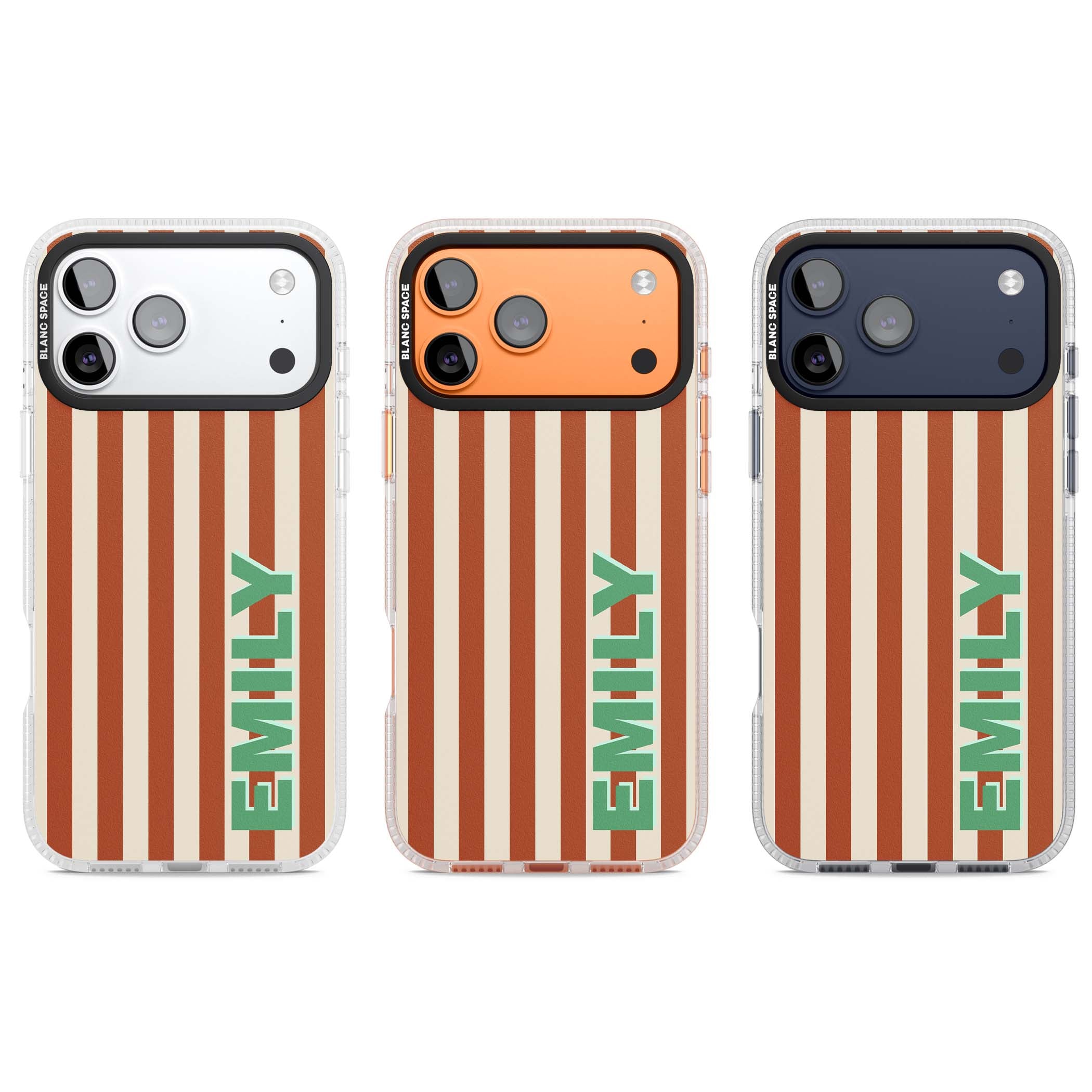 Dune Stripe personalised iPhone case with rust and cream vertical stripes and custom name in mint green | Clear Case Impact Air case for iPhone 17 Pro, iPhone 17 Pro Max