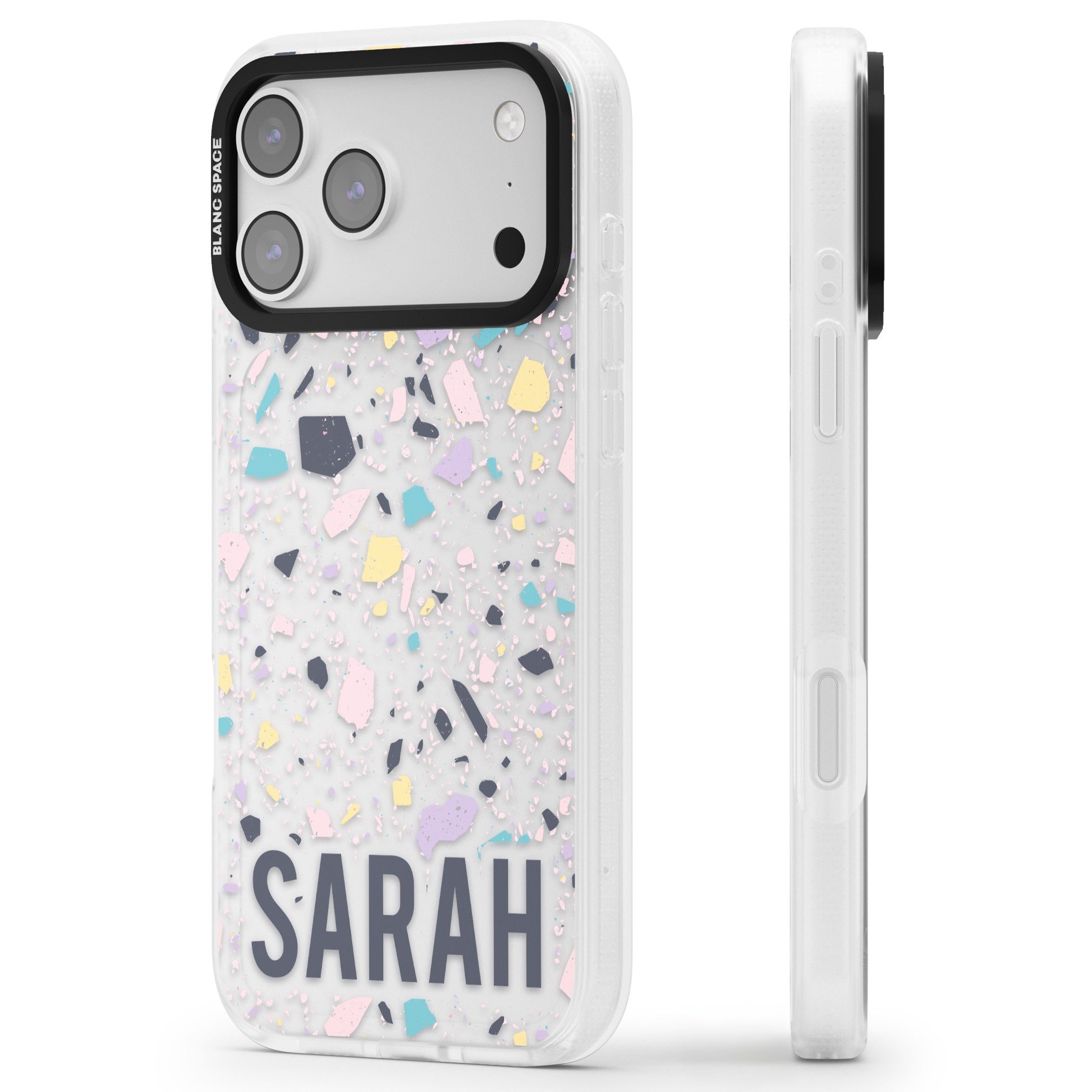 Personalised Pastel Terrazzo iPhone 17 Pro Max Impact Air Clear Phone Case Side Profile