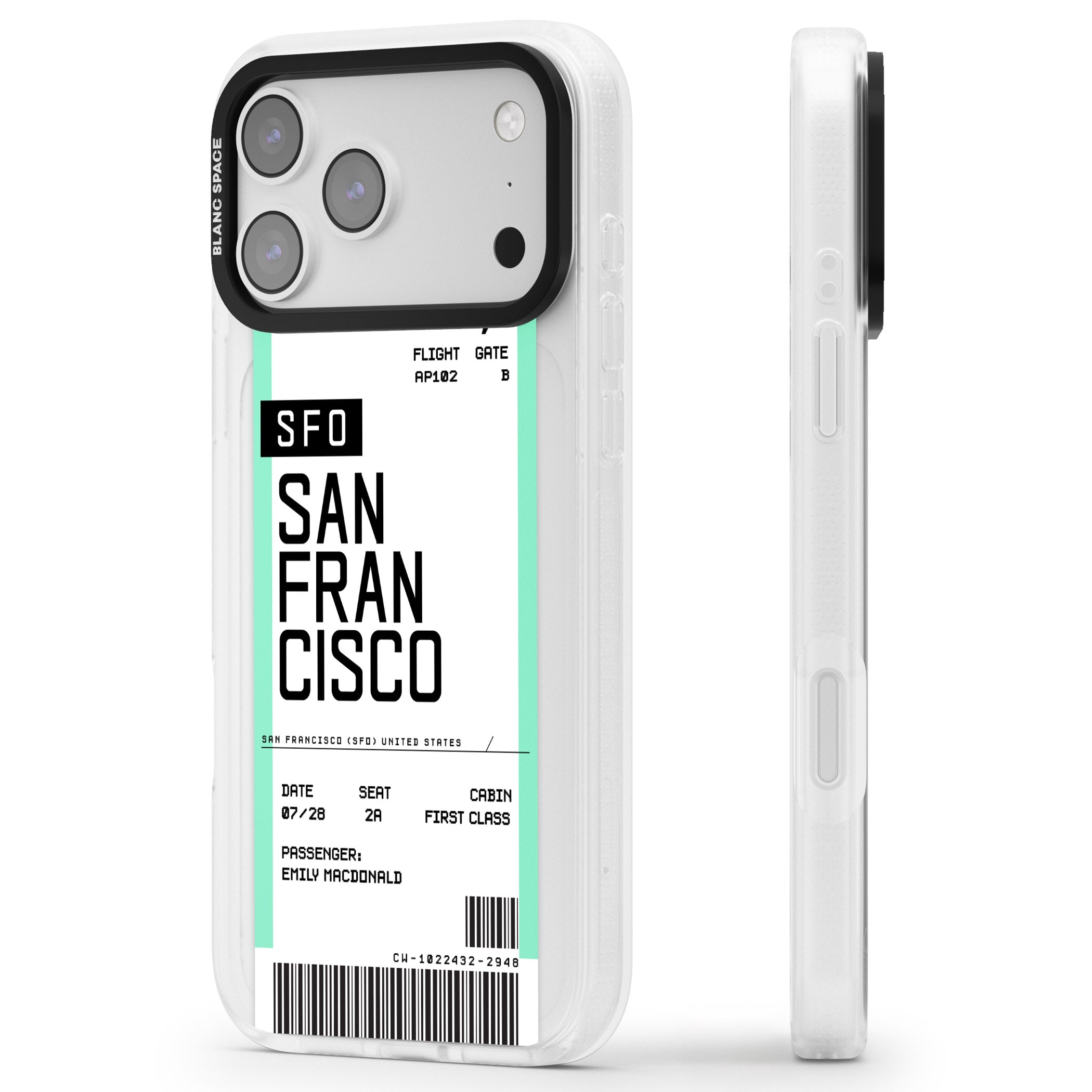 Personalised San Francisco Boarding Pass iPhone 17 Pro Max Impact Air Clear Phone Case Side Profile