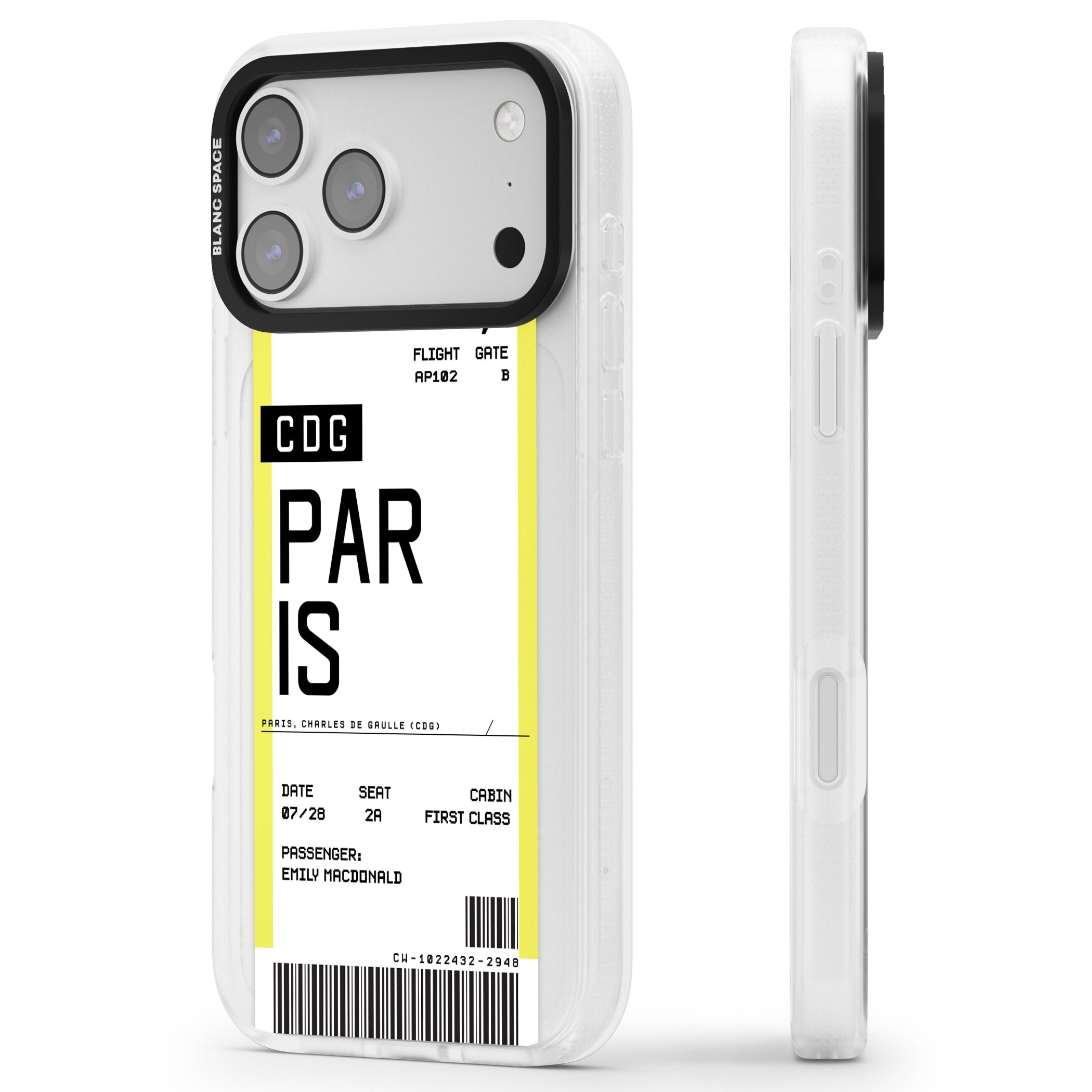 Personalised Paris Boarding Pass iPhone 17 Pro Max Impact Air Clear Phone Case Side Profile