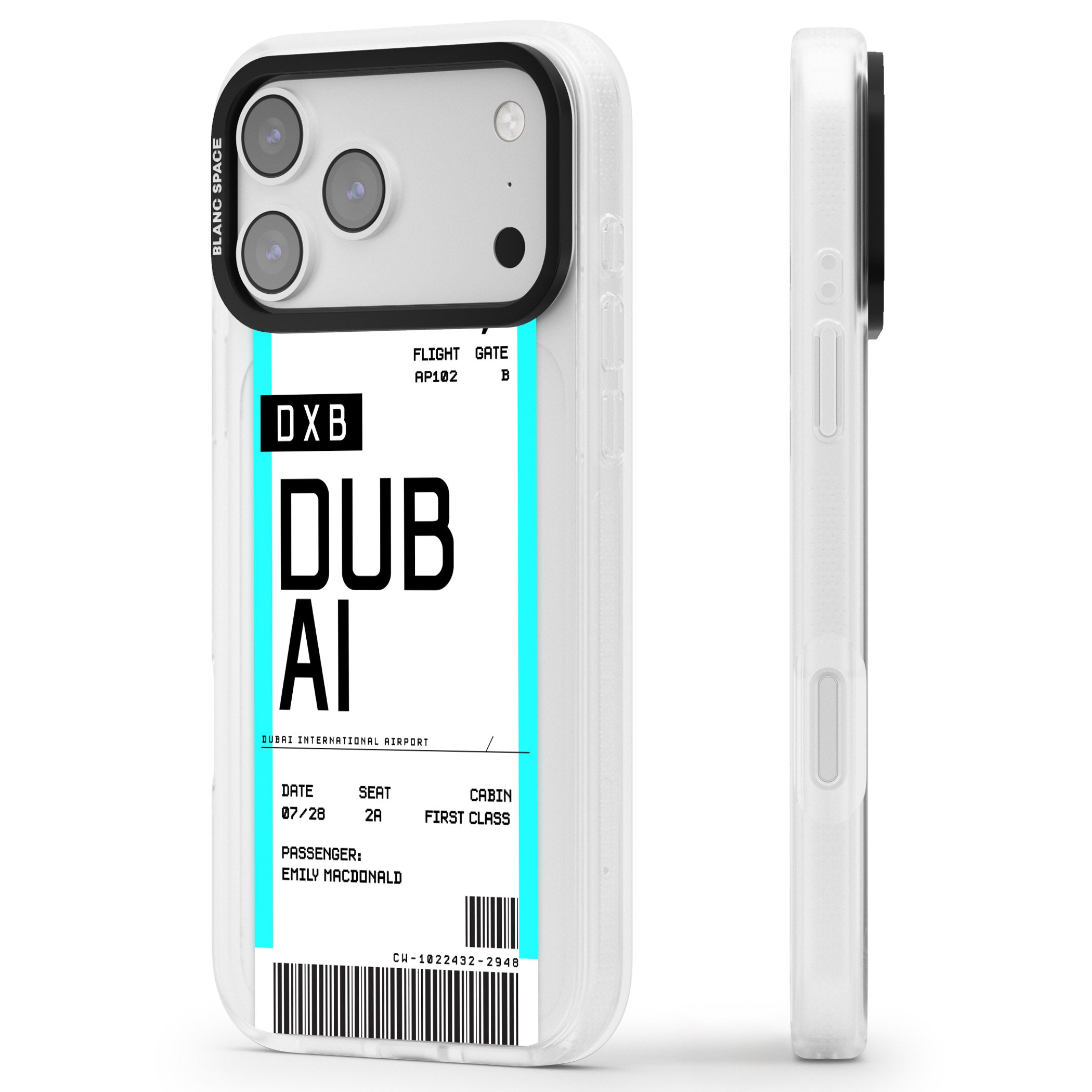 Personalised Dubai Boarding Pass iPhone 17 Pro Max Impact Air Clear Phone Case Side Profile
