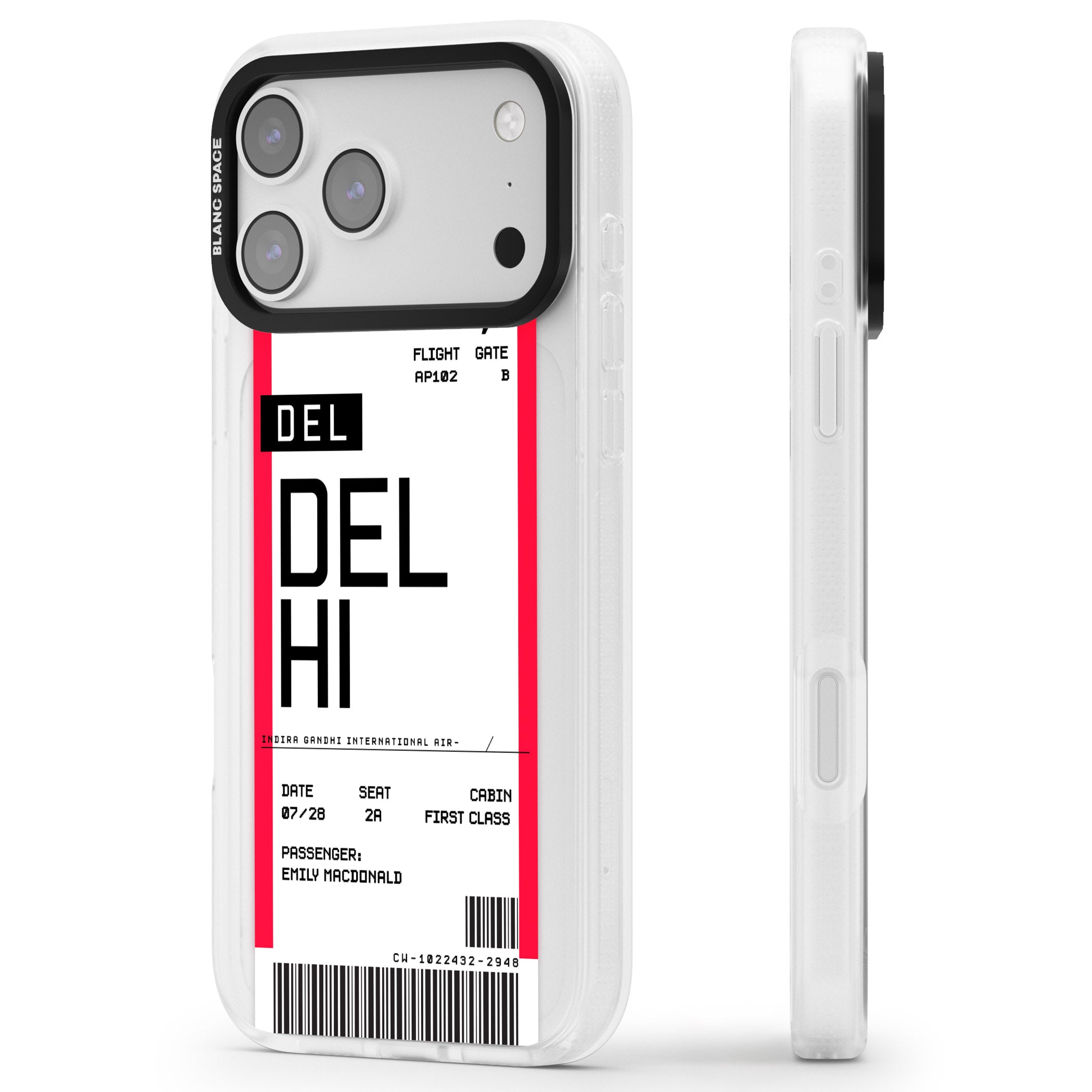 Personalised Delhi Boarding Pass iPhone 17 Pro Max Impact Air Clear Phone Case Side Profile