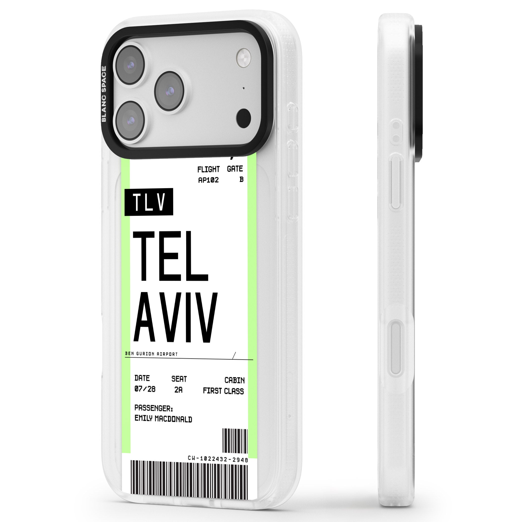 Personalised Tel Aviv Boarding Pass iPhone 17 Pro Max Impact Air Clear Phone Case Side Profile
