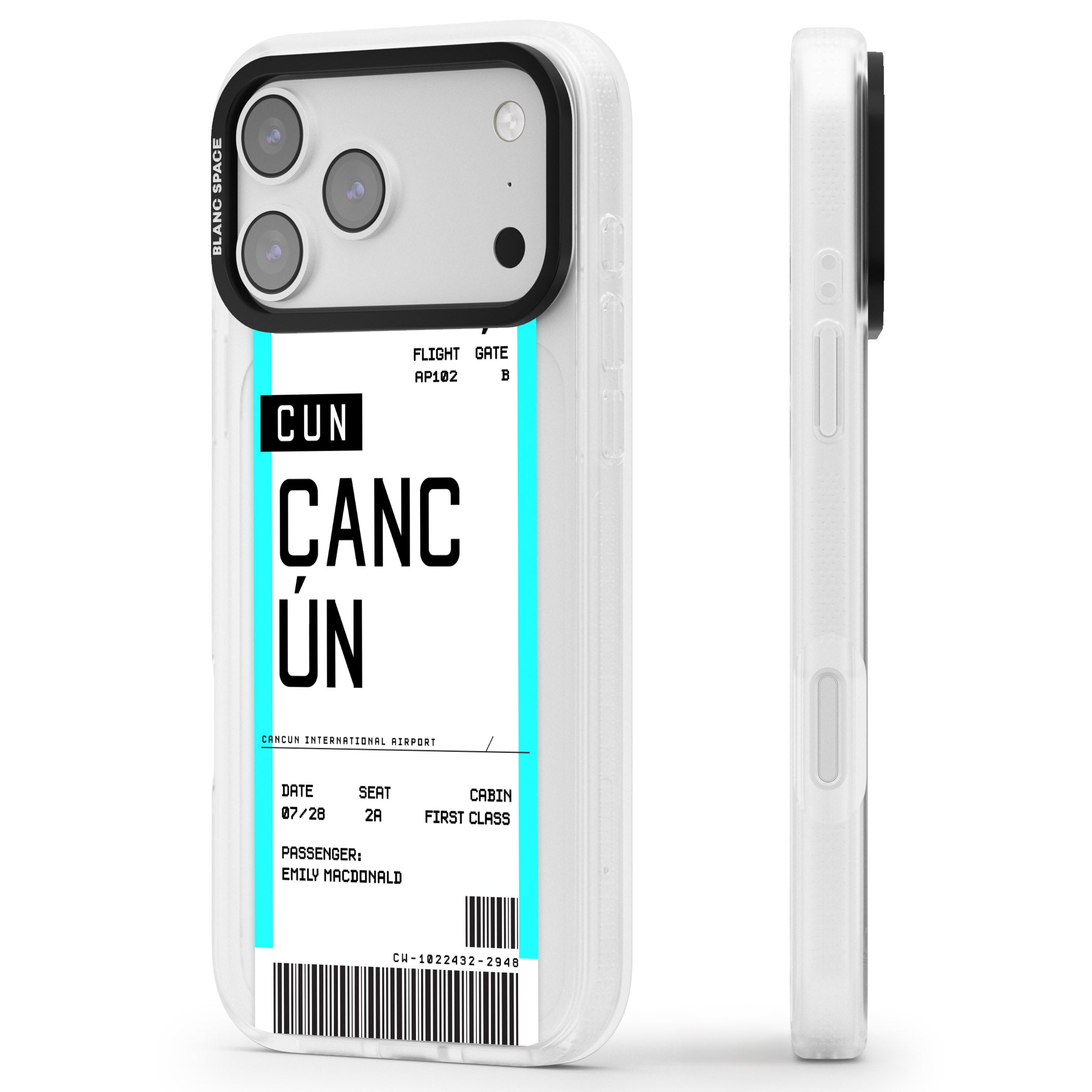 Personalised Cancún Boarding Pass iPhone 17 Pro Max Impact Air Clear Phone Case Side Profile
