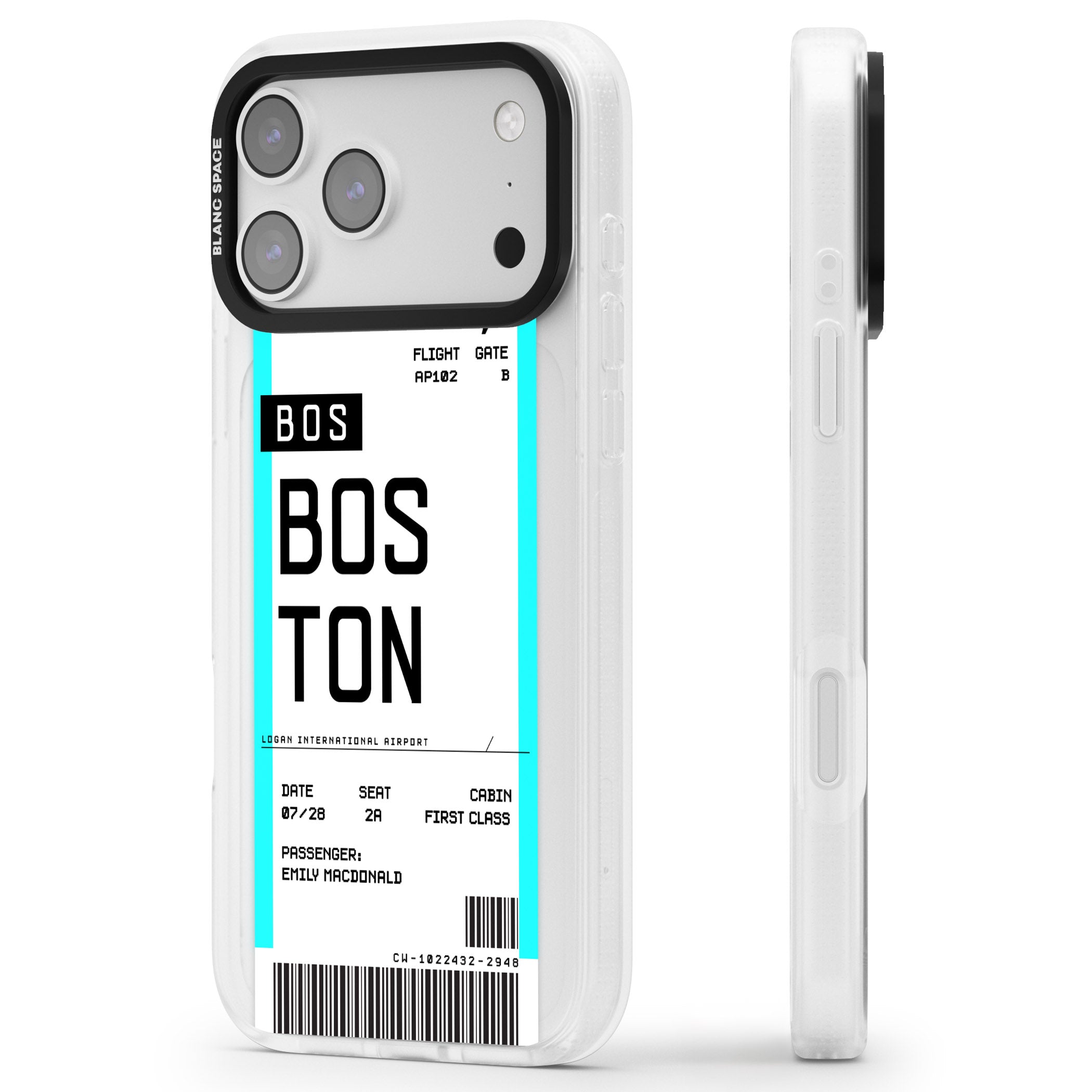 Personalised Boston Boarding Pass iPhone 17 Pro Max Impact Air Clear Phone Case Side Profile