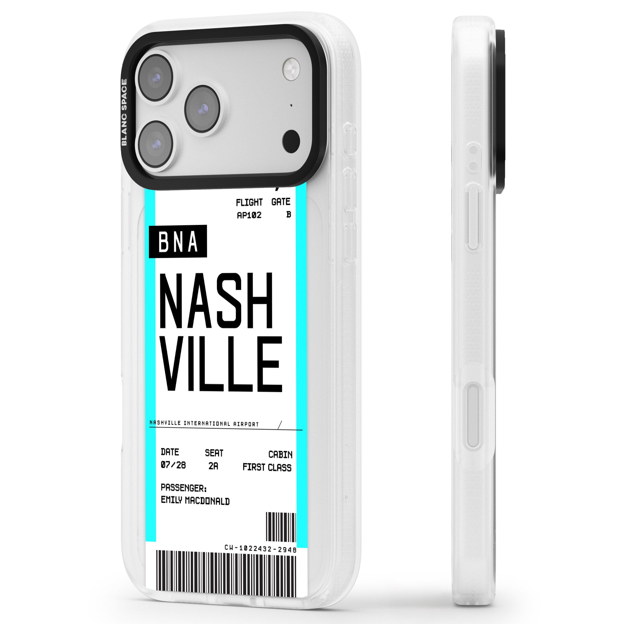 Personalised Nashville Boarding Pass iPhone 17 Pro Max Impact Air Clear Phone Case Side Profile