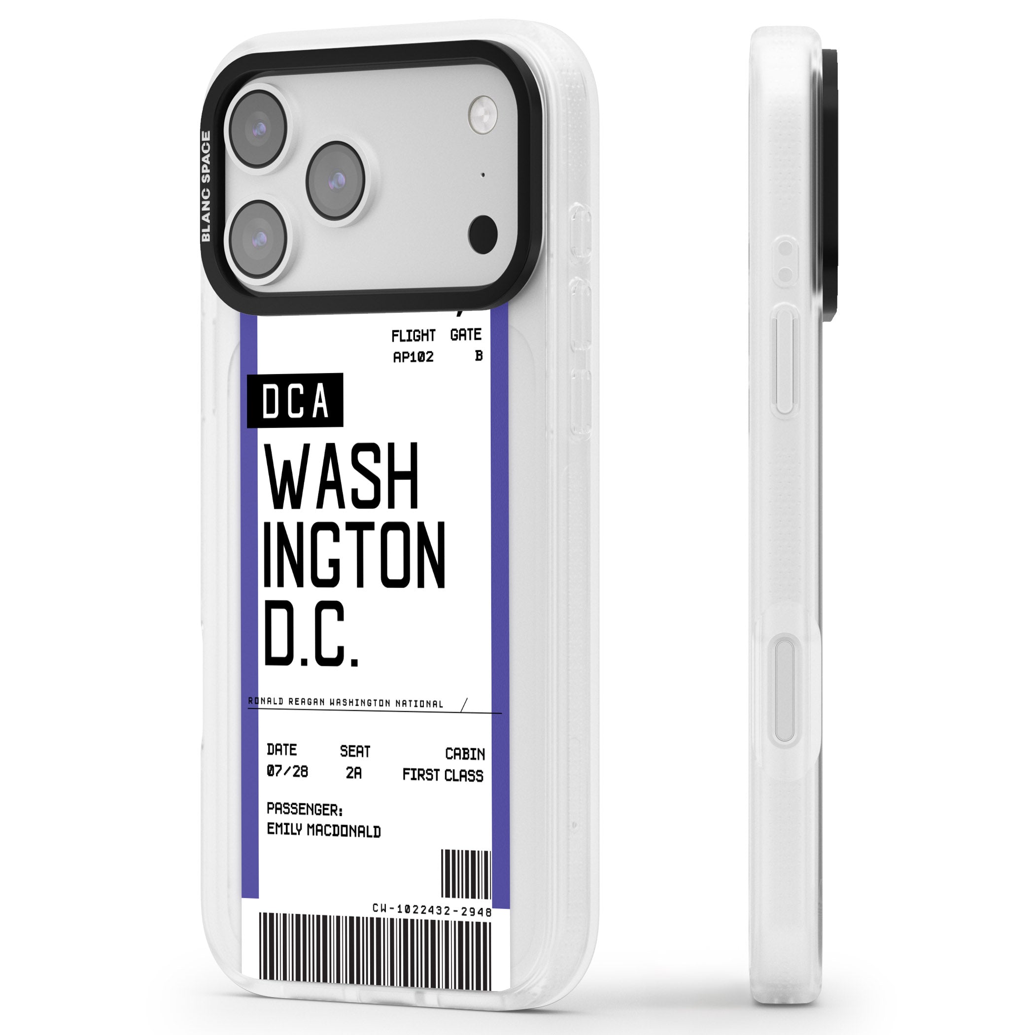 Personalised Washington D.C. Boarding Pass iPhone 17 Pro Max Impact Air Clear Phone Case Side Profile