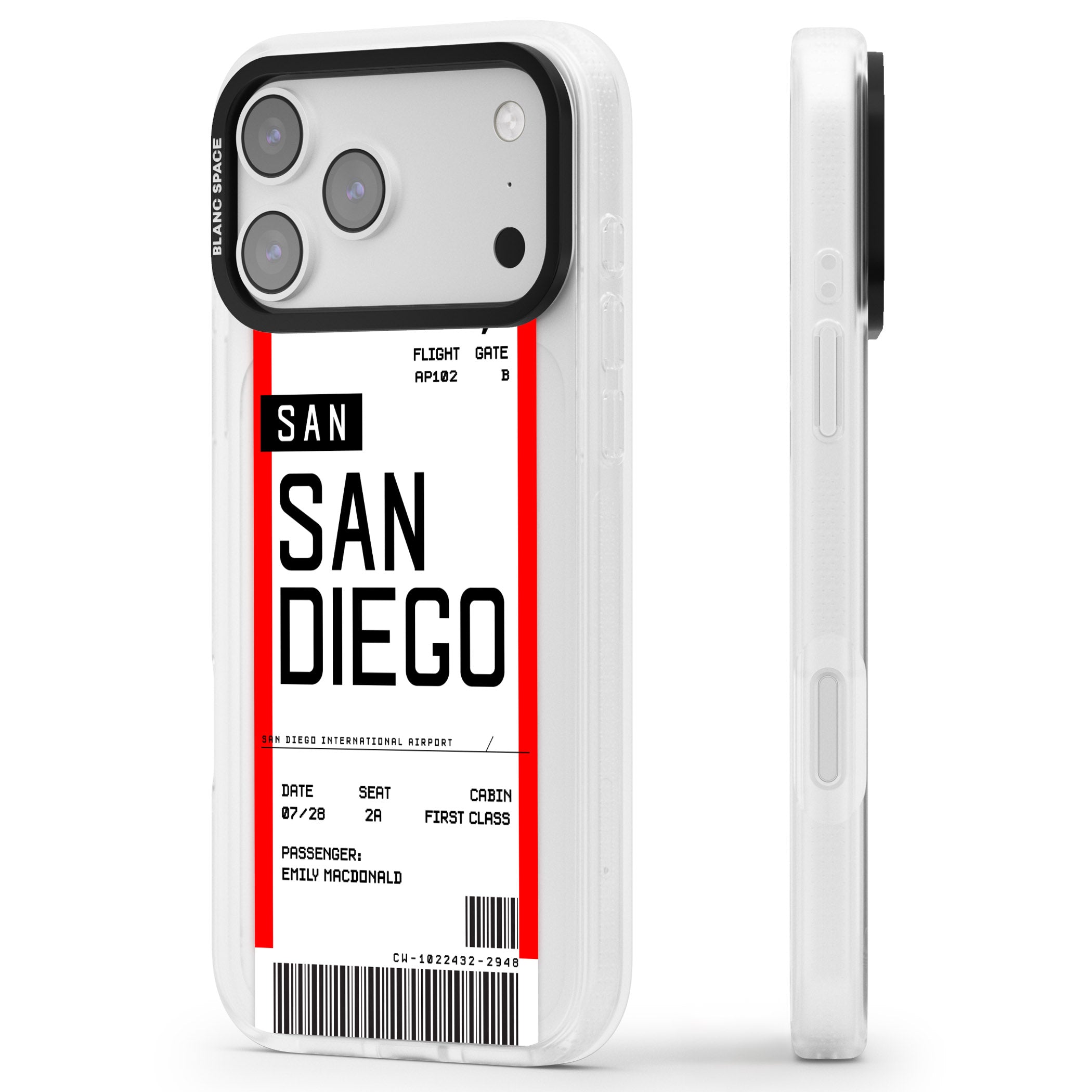 Personalised San Diego Boarding Pass iPhone 17 Pro Max Impact Air Clear Phone Case Side Profile