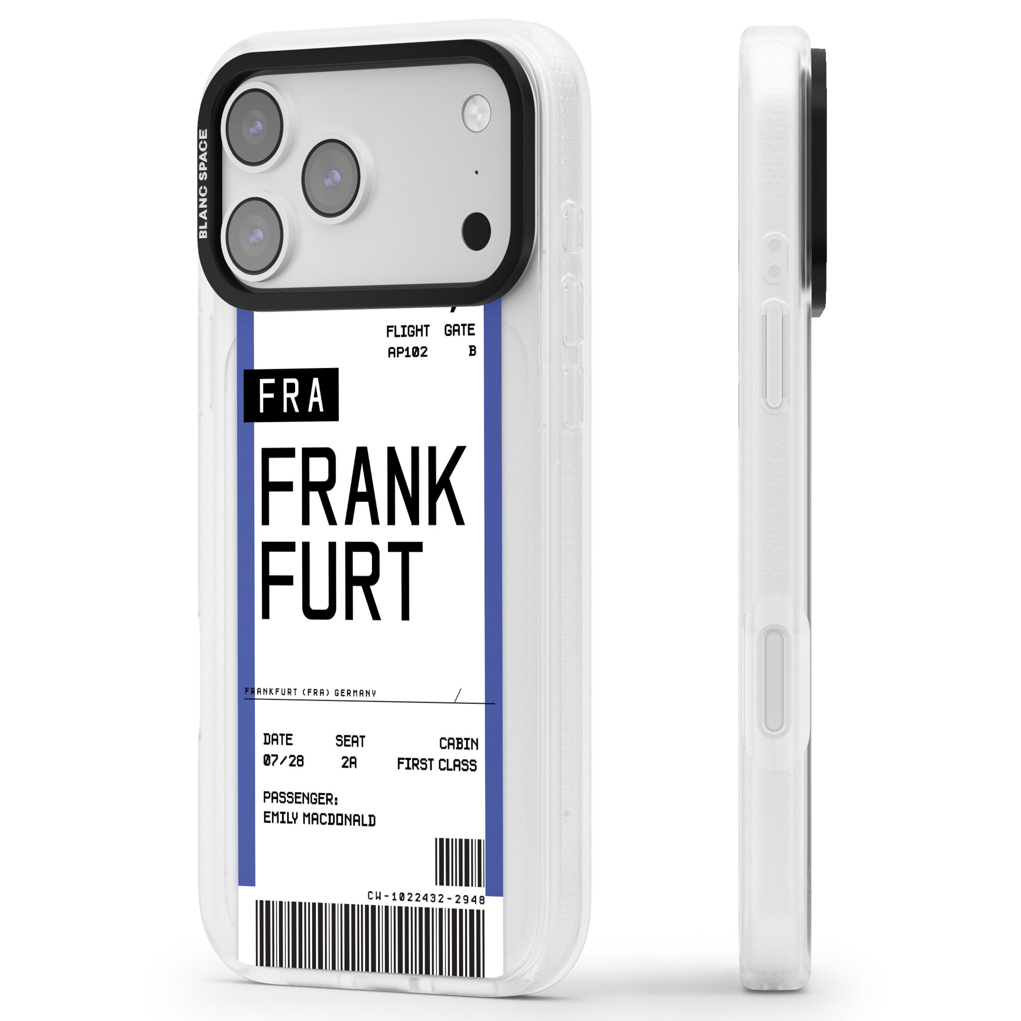 Personalised Frankfurt Boarding Pass iPhone 17 Pro Max Impact Air Clear Phone Case Side Profile