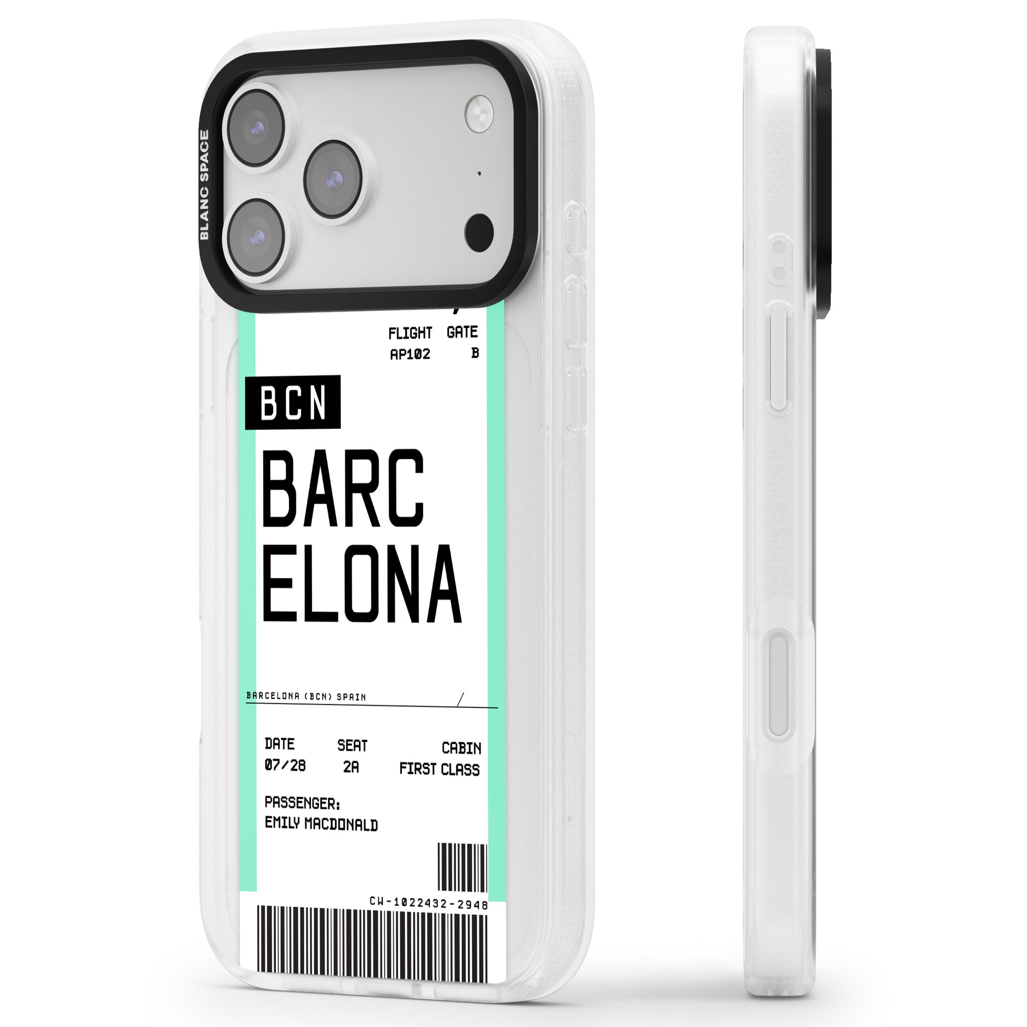 Personalised Barcelona Boarding Pass iPhone 17 Pro Max Impact Air Clear Phone Case Side Profile
