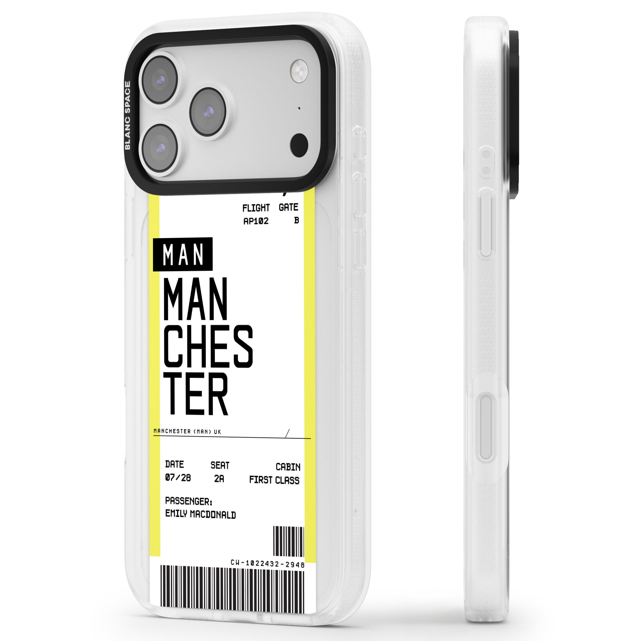 Personalised Manchester Boarding Pass iPhone 17 Pro Max Impact Air Clear Phone Case Side Profile