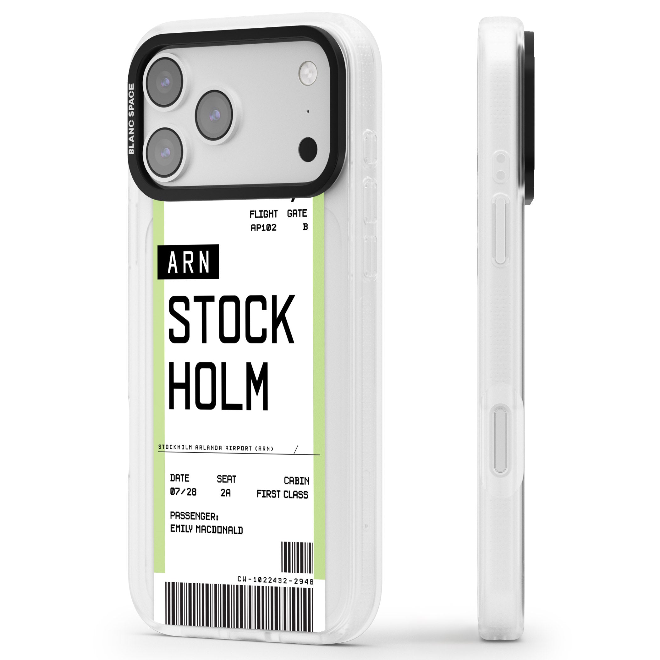 Personalised Stockholm Boarding Pass iPhone 17 Pro Max Impact Air Clear Phone Case Side Profile