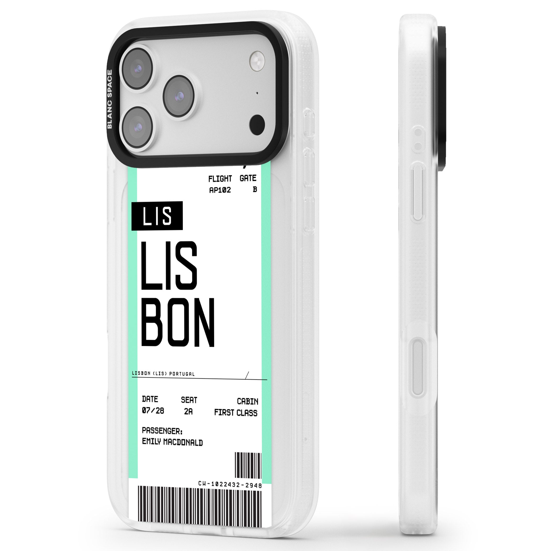 Personalised Lisbon Boarding Pass iPhone 17 Pro Max Impact Air Clear Phone Case Side Profile