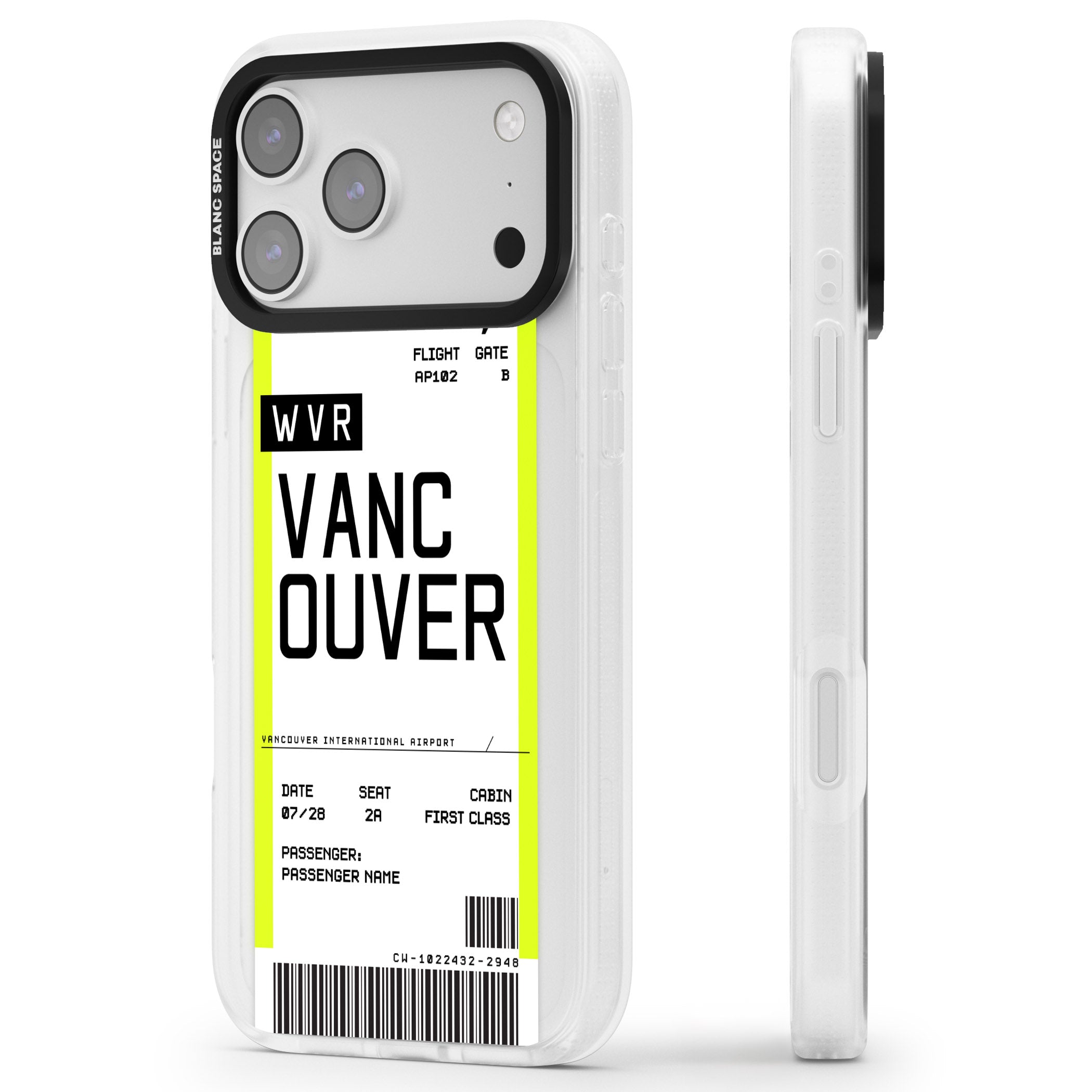 Personalised Vancouver Boarding Pass iPhone 17 Pro Max Impact Air Clear Phone Case Side Profile
