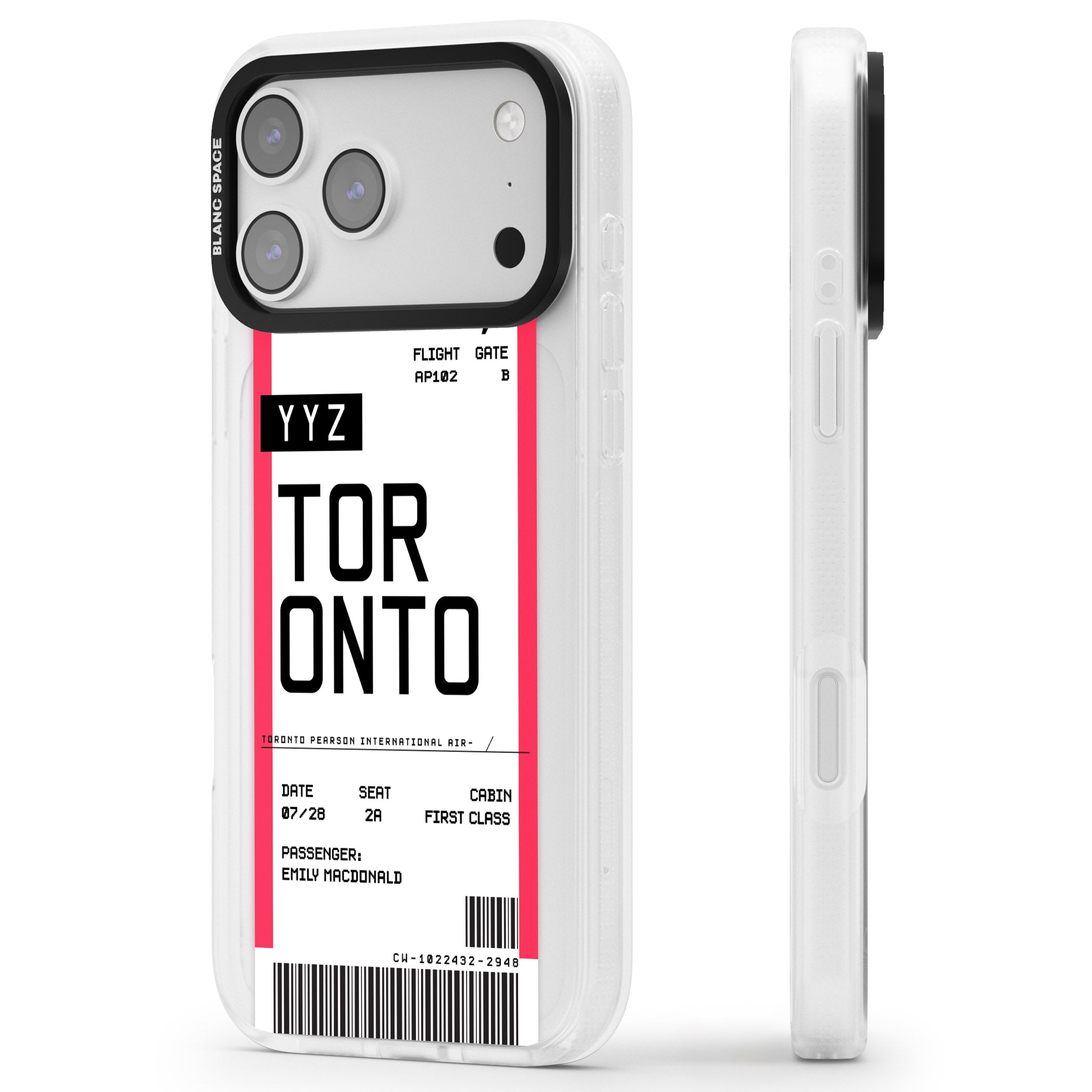 Personalised Toronto Boarding Pass iPhone 17 Pro Max Impact Air Clear Phone Case Side Profile