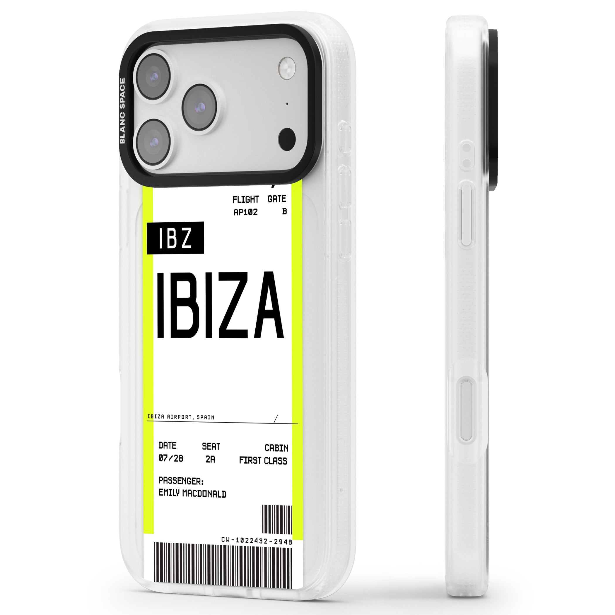 Personalised Ibiza Boarding Pass iPhone 17 Pro Max Impact Air Clear Phone Case Side Profile