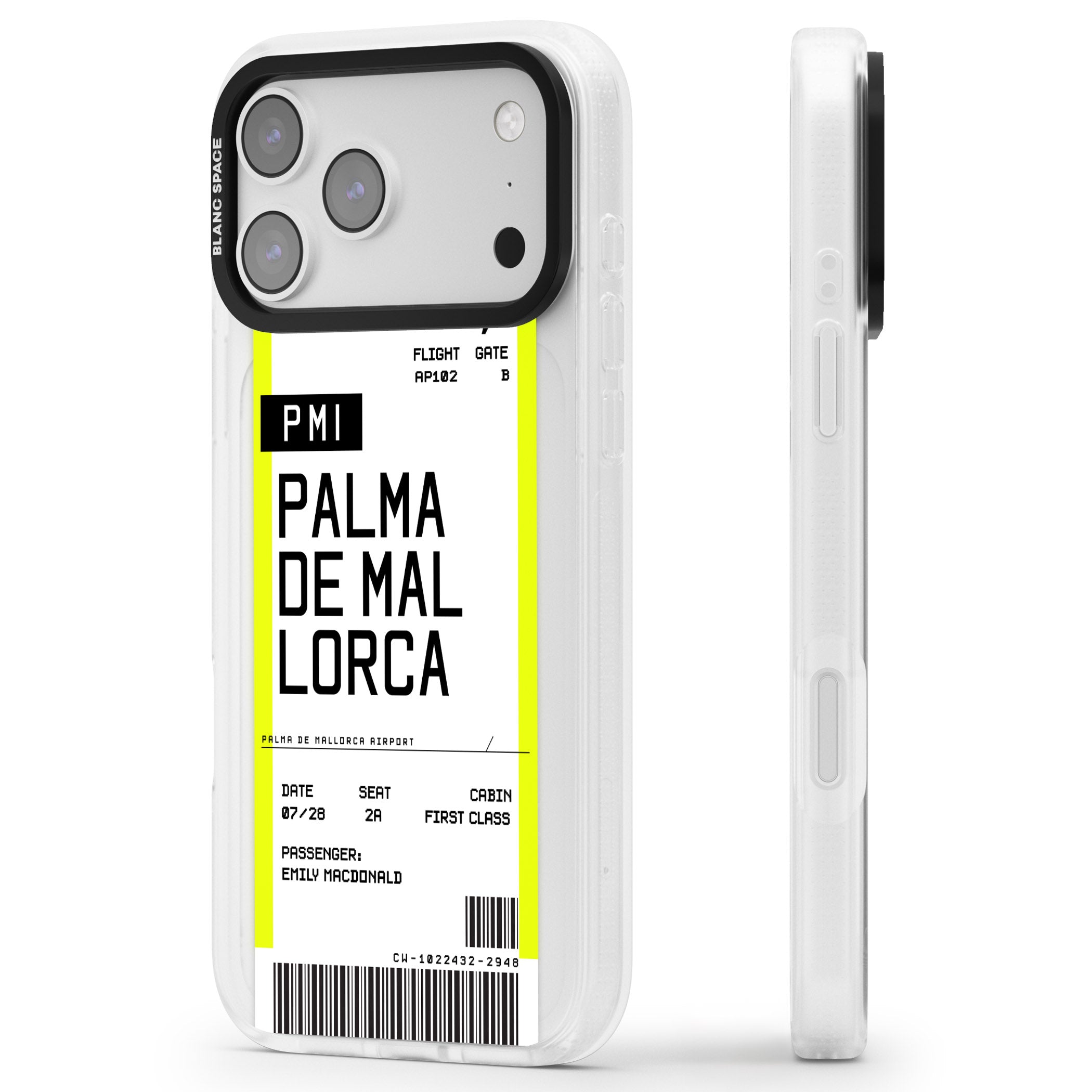 Personalised Palma De Mallorca Boarding Pass iPhone 17 Pro Max Impact Air Clear Phone Case Side Profile