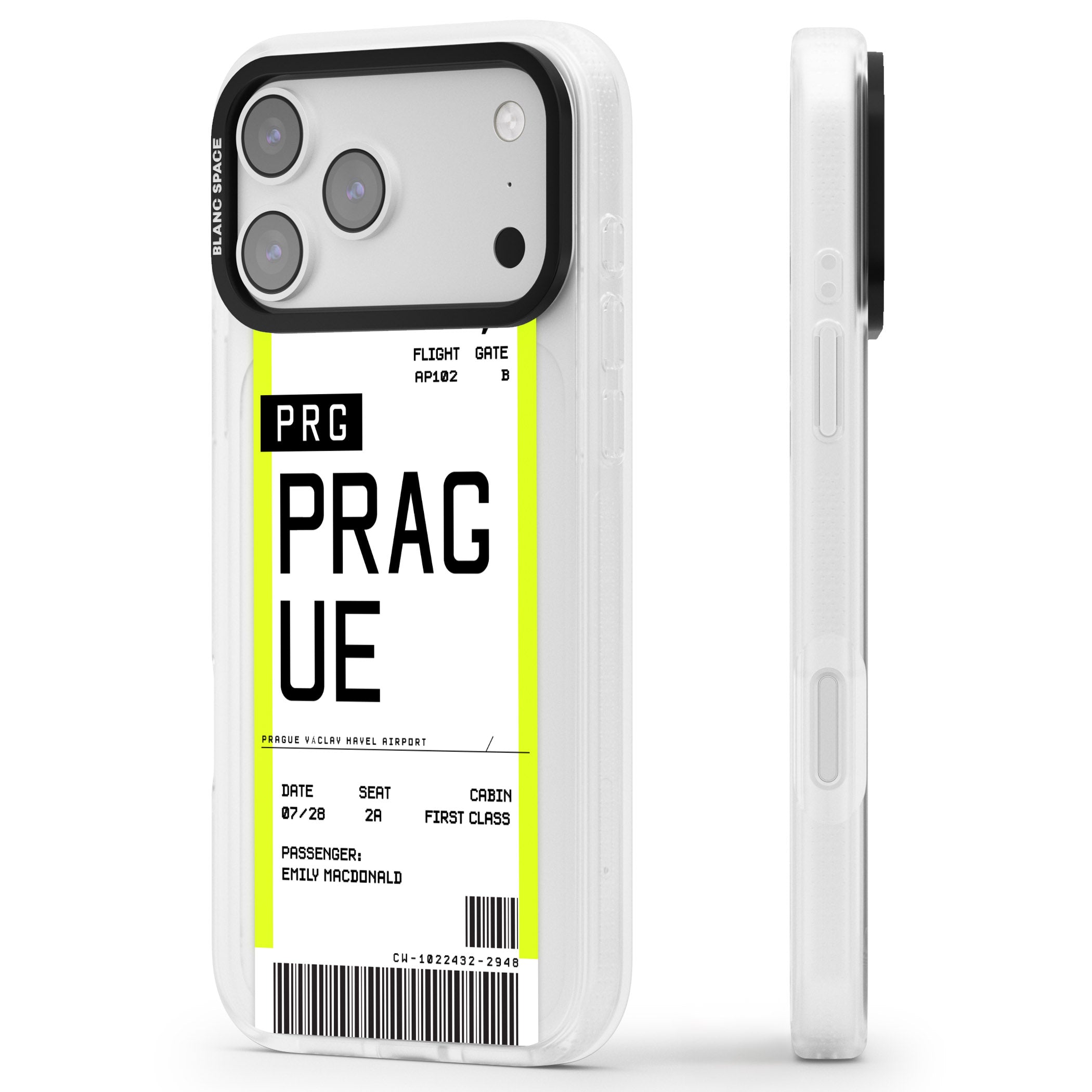 Personalised Prague Boarding Pass iPhone 17 Pro Max Impact Air Clear Phone Case Side Profile