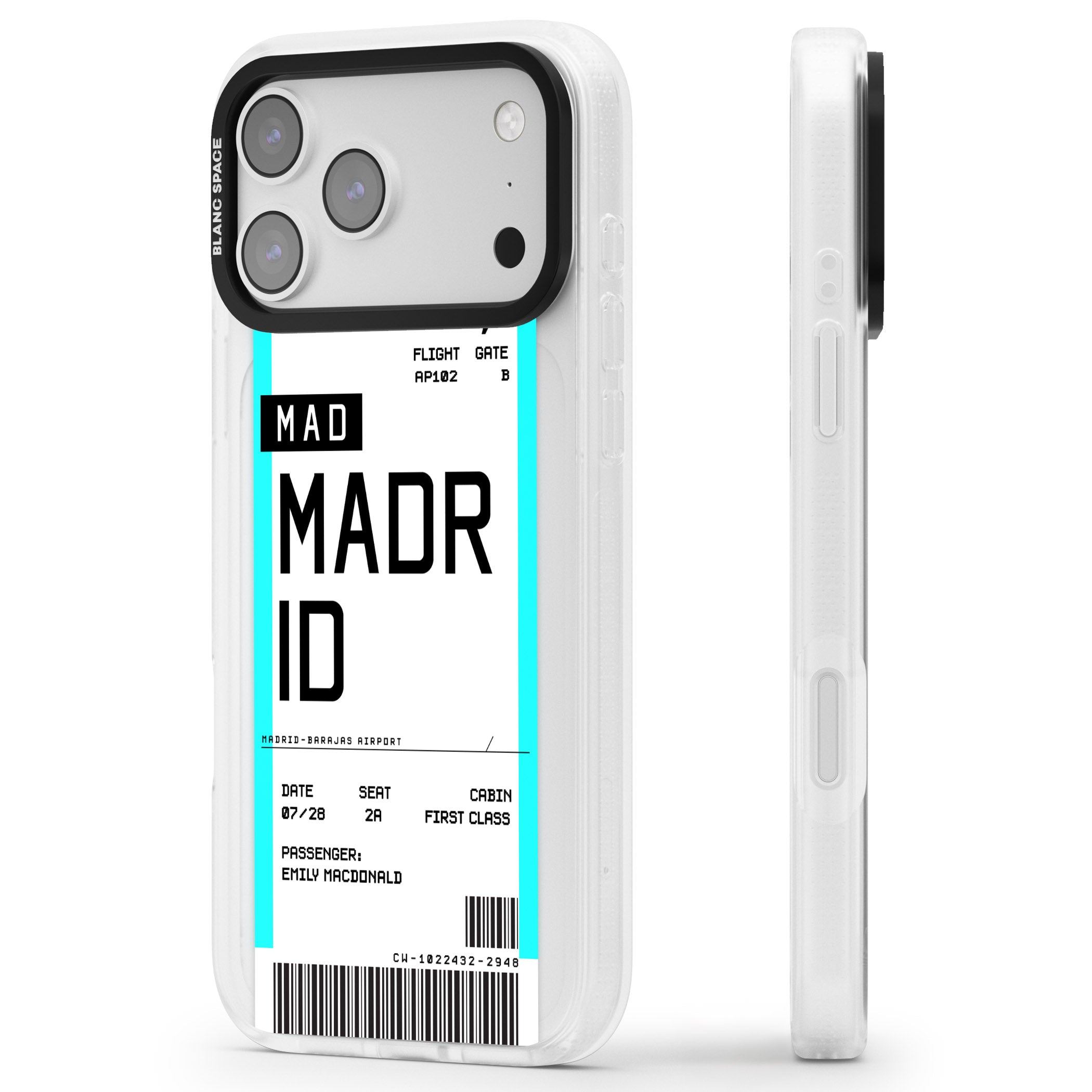 Personalised Madrid Boarding Pass iPhone 17 Pro Max Impact Air Clear Phone Case Side Profile