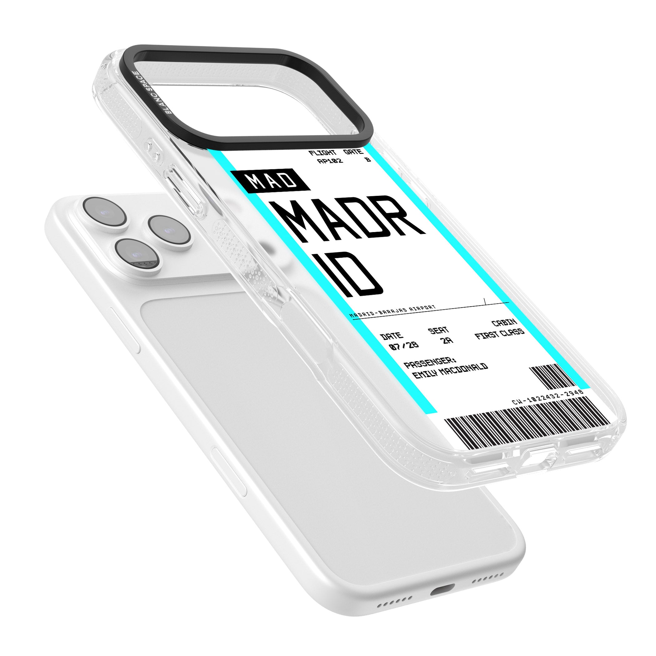 Personalised Madrid Boarding Pass iPhone 17 Pro Max Impact Air Clear Phone Case Colours
