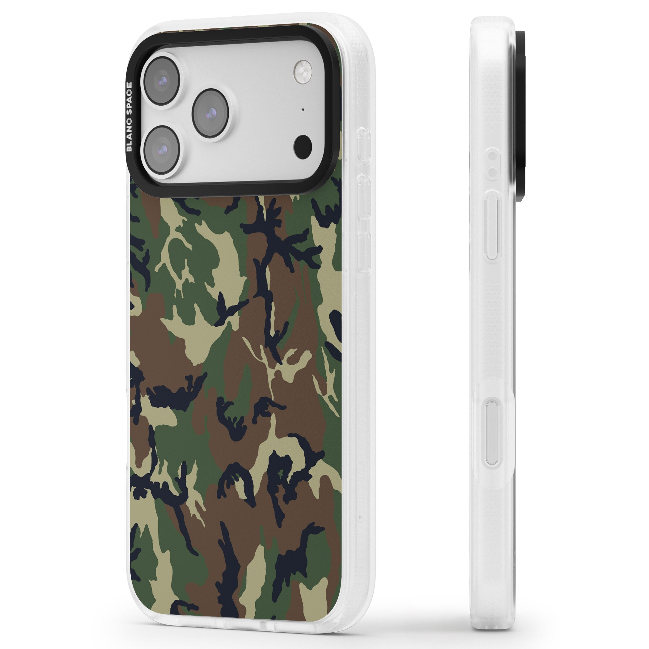 Forest Green Camo iPhone 17 Pro Max Impact Air Clear Phone Case Side Profile