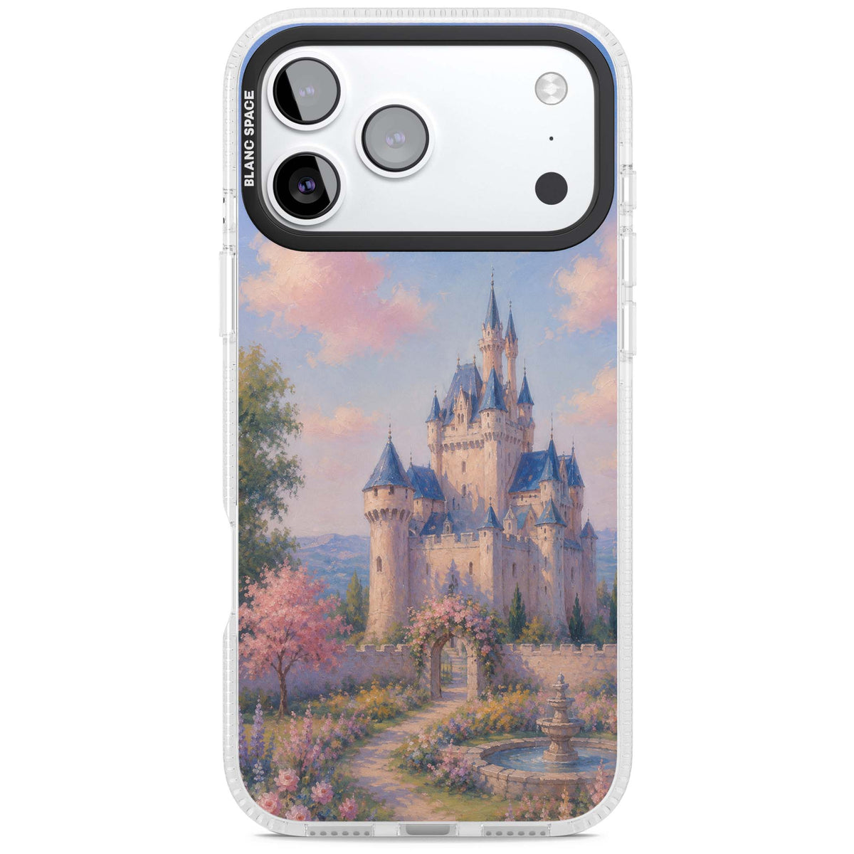 Enchanted Kingdom fairytale iPhone case featuring a romantic castle painting with cherry blossoms and pastel pink sky | Clear Case Impact Air case for iPhone 17 Pro, iPhone 17 Pro Max