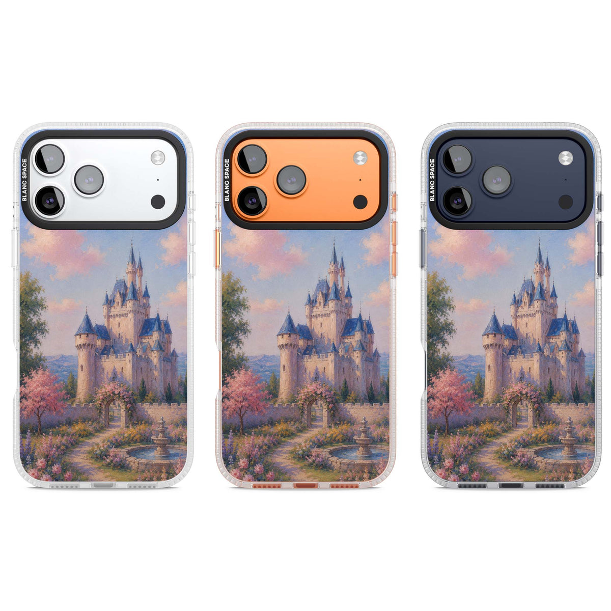 Enchanted Kingdom fairytale iPhone case featuring a romantic castle painting with cherry blossoms and pastel pink sky | Clear Case Impact Air case for iPhone 17 Pro, iPhone 17 Pro Max