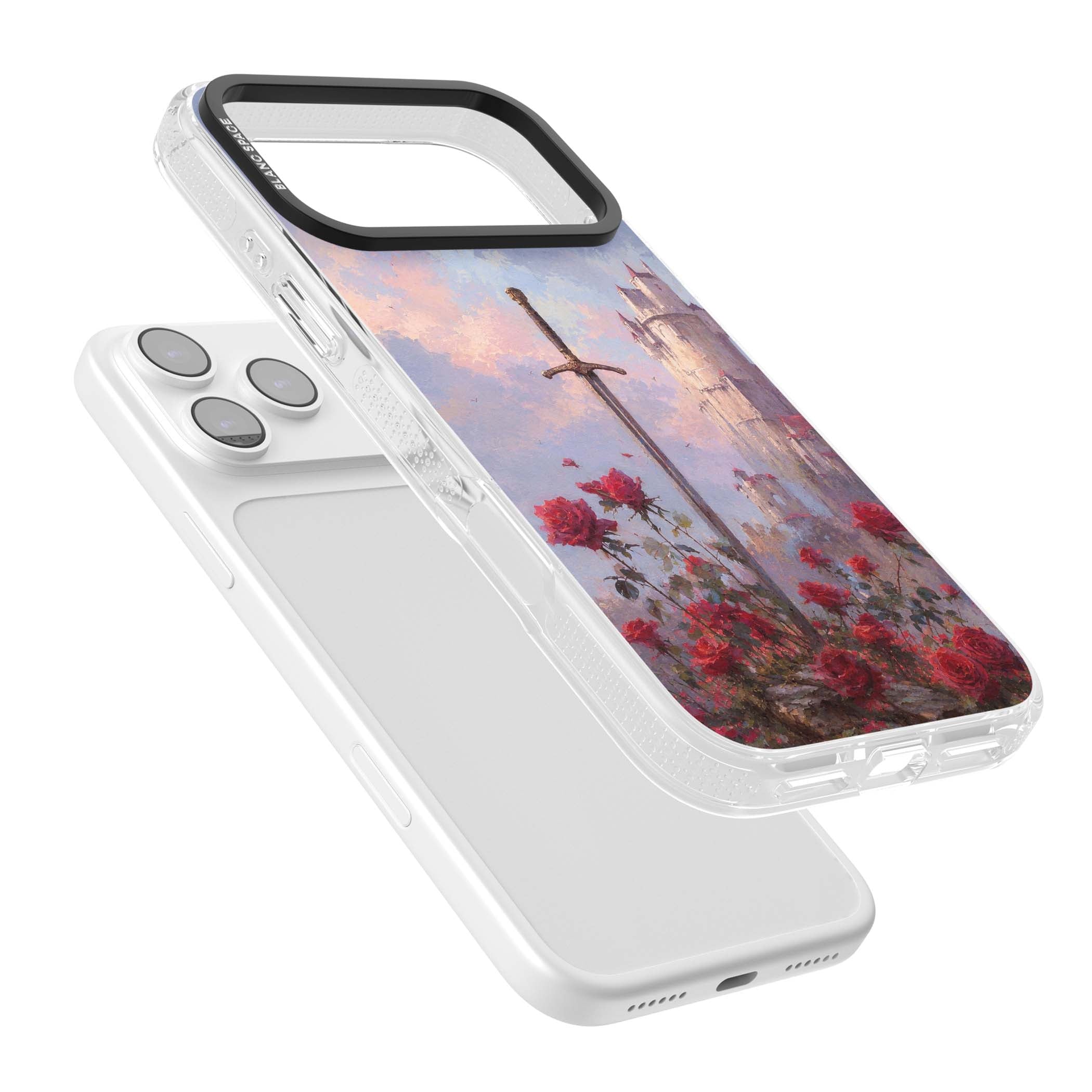 Sword in Roses medieval art iPhone case featuring a sword, red roses, and a misty fairytale castle at sunset | Clear Case Impact Air case for iPhone 17 Pro, iPhone 17 Pro Max