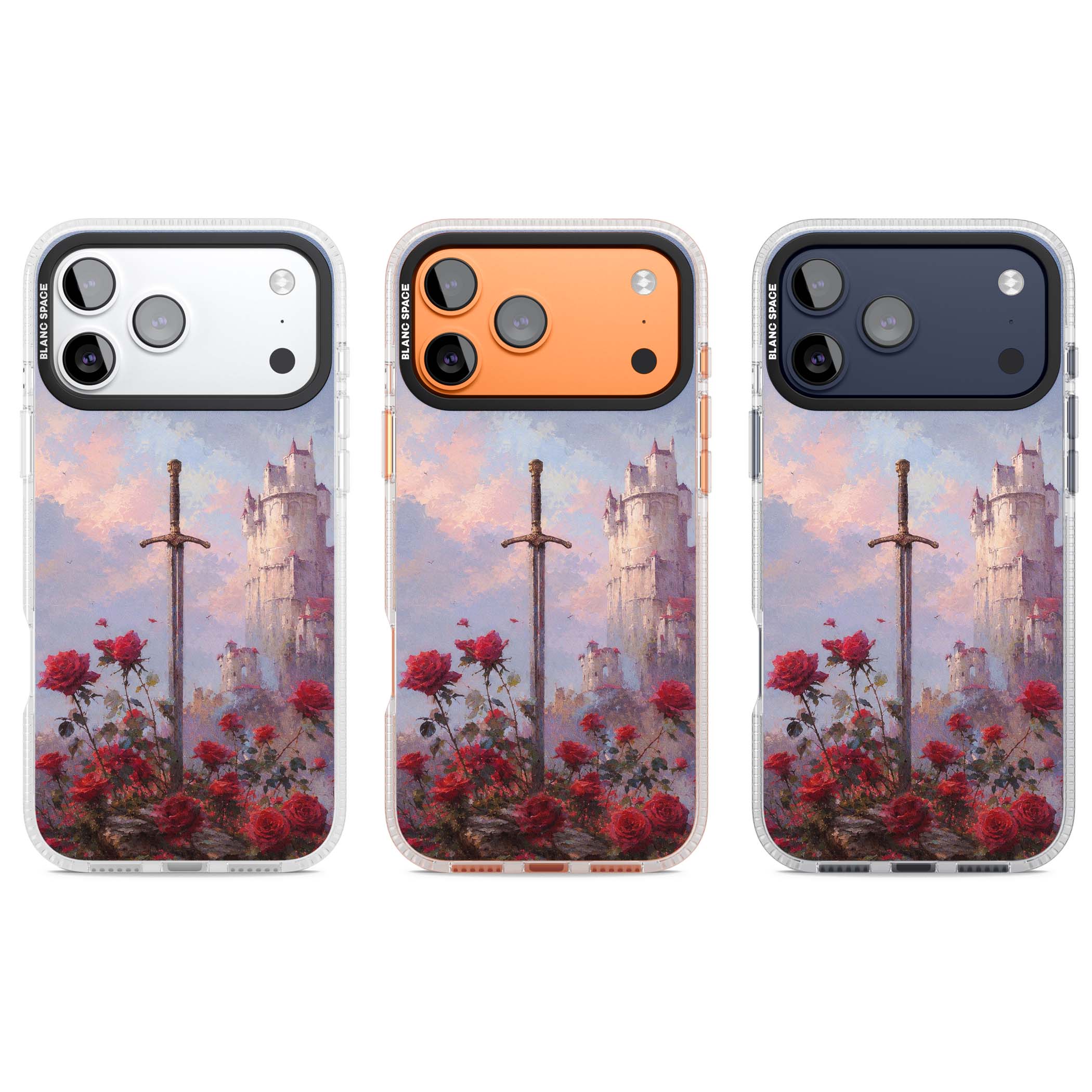Sword in Roses medieval art iPhone case featuring a sword, red roses, and a misty fairytale castle at sunset | Clear Case Impact Air case for iPhone 17 Pro, iPhone 17 Pro Max