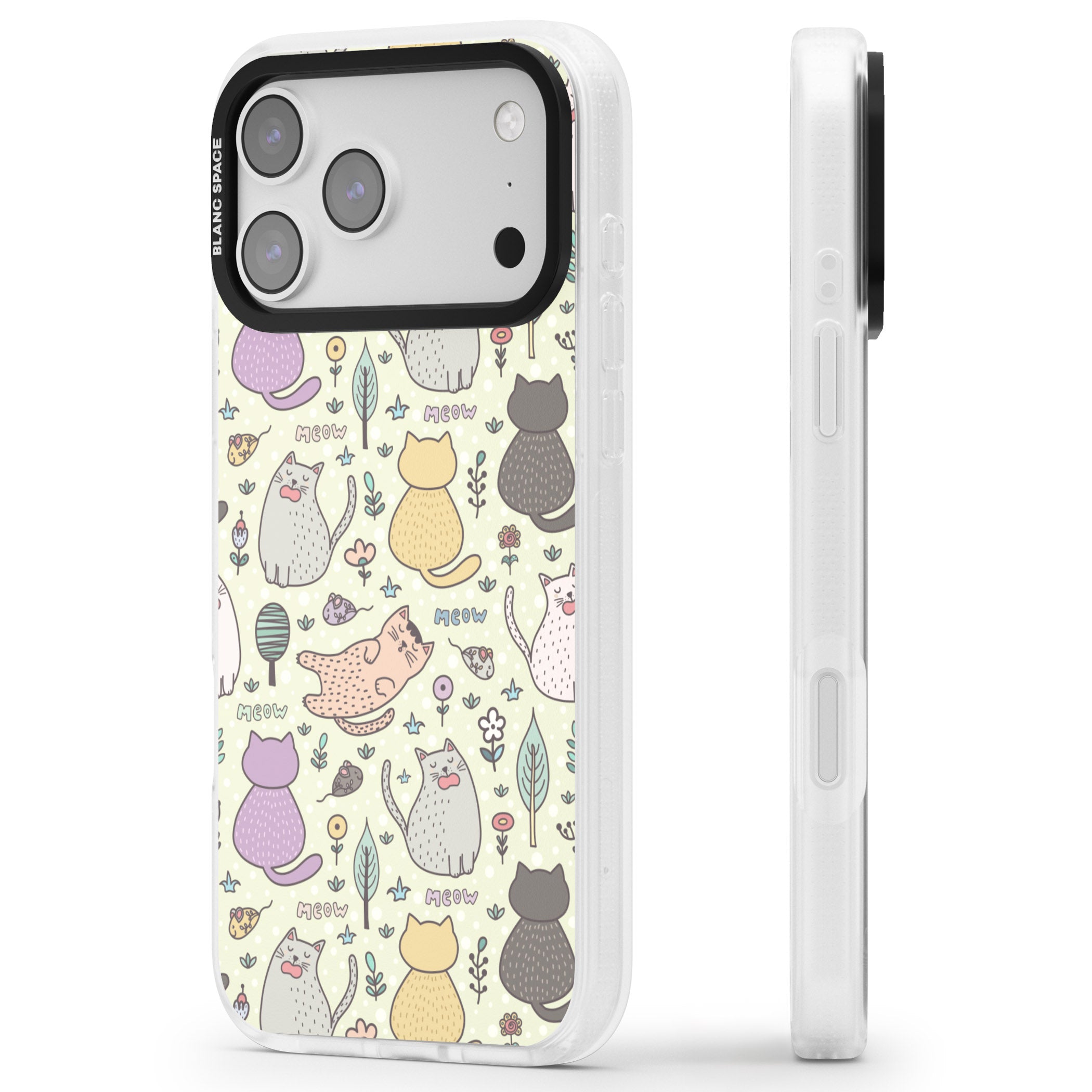Cat Pattern Cream iPhone 17 Pro Max Impact Air Clear Phone Case Side Profile
