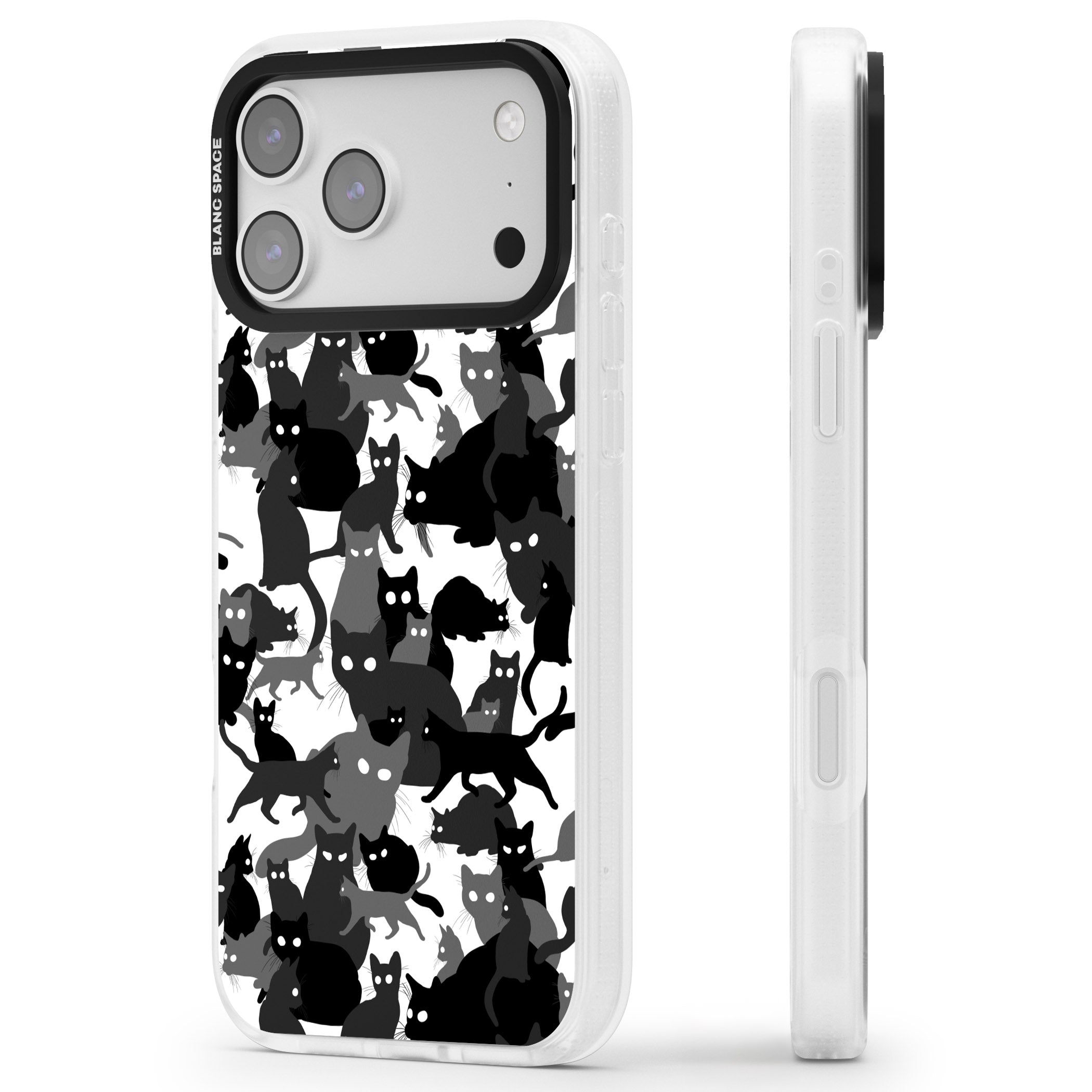 Black & White Cat Camouflage iPhone 17 Pro Max Impact Air Clear Phone Case Side Profile